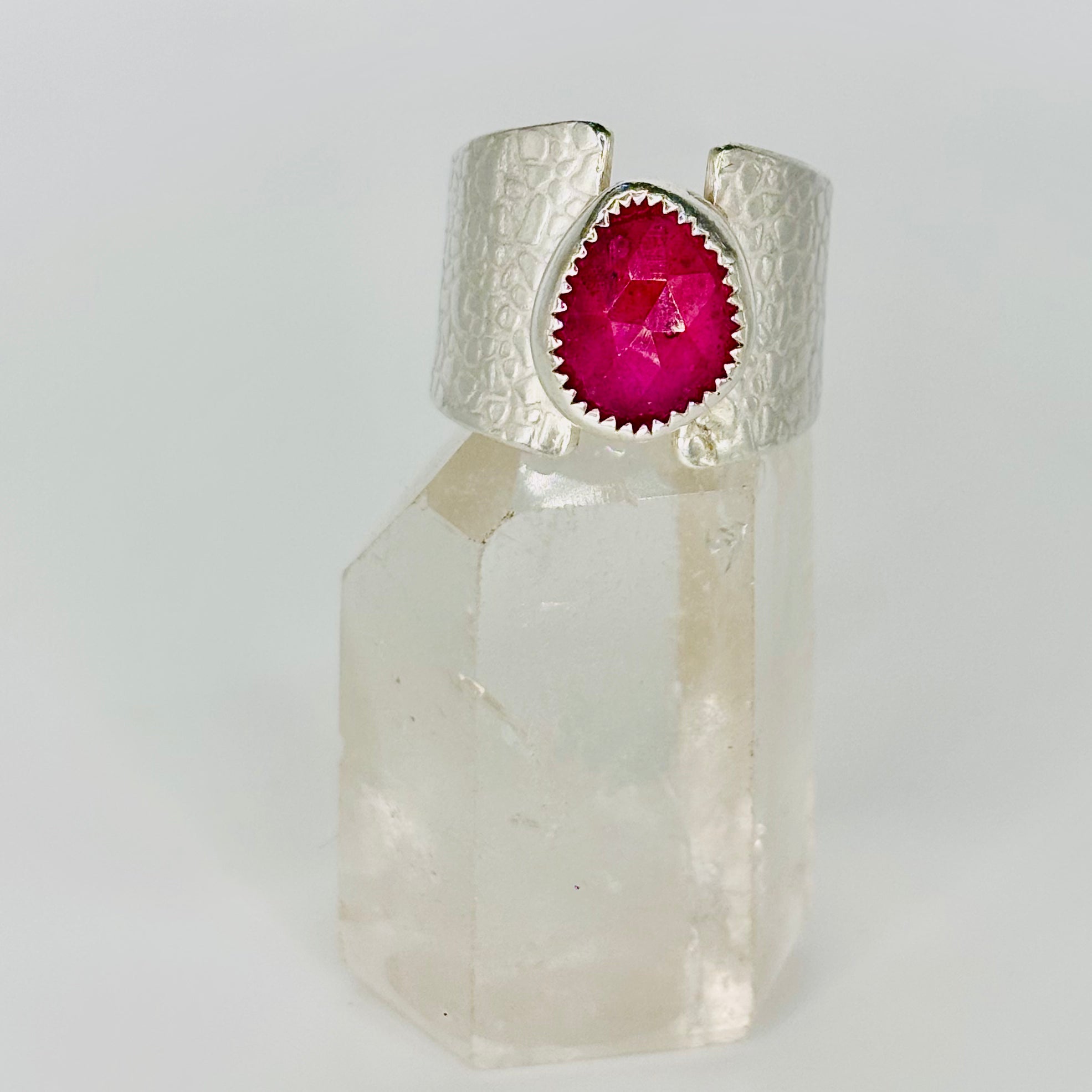 Handmade Textured 950 Sterling Silver Ring with Faceted Tourmaline