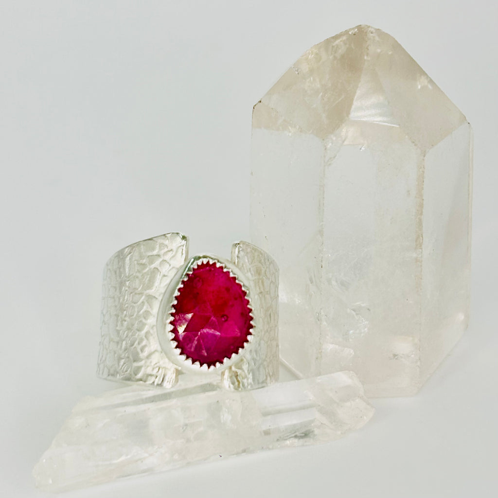 Handmade Textured 950 Sterling Silver Ring with Faceted Tourmaline
