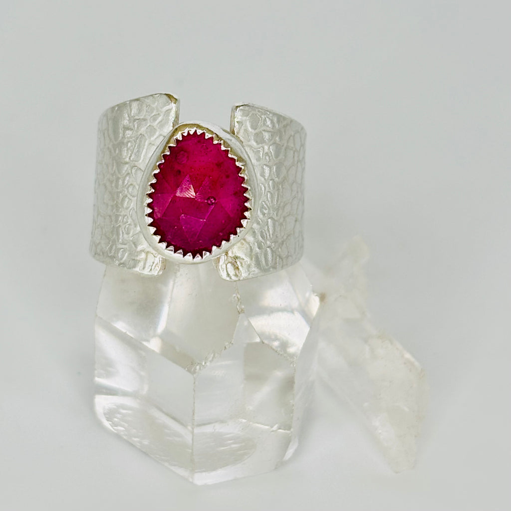 Handmade Textured 950 Sterling Silver Ring with Faceted Tourmaline