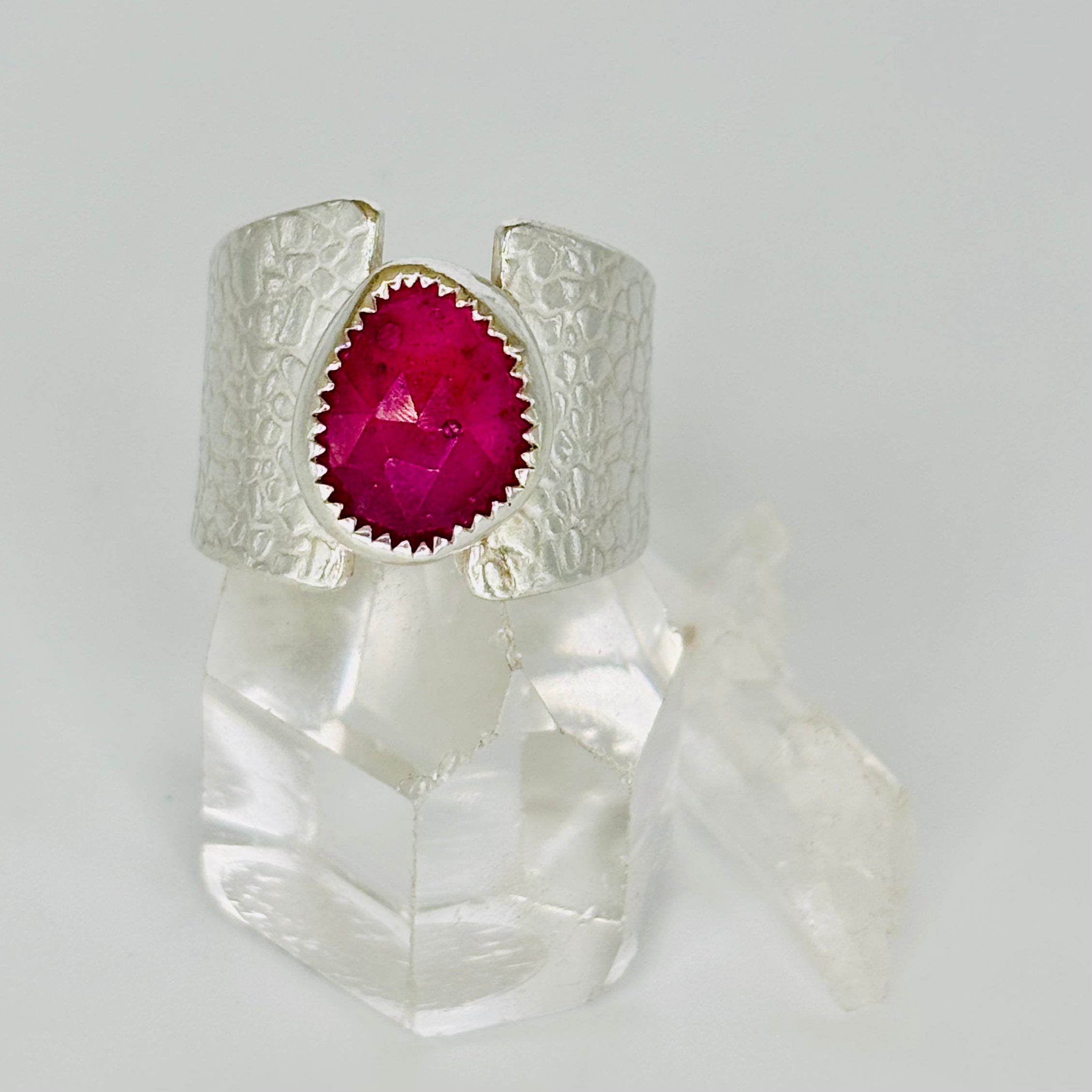 Handmade Textured 950 Sterling Silver Ring with Faceted Tourmaline