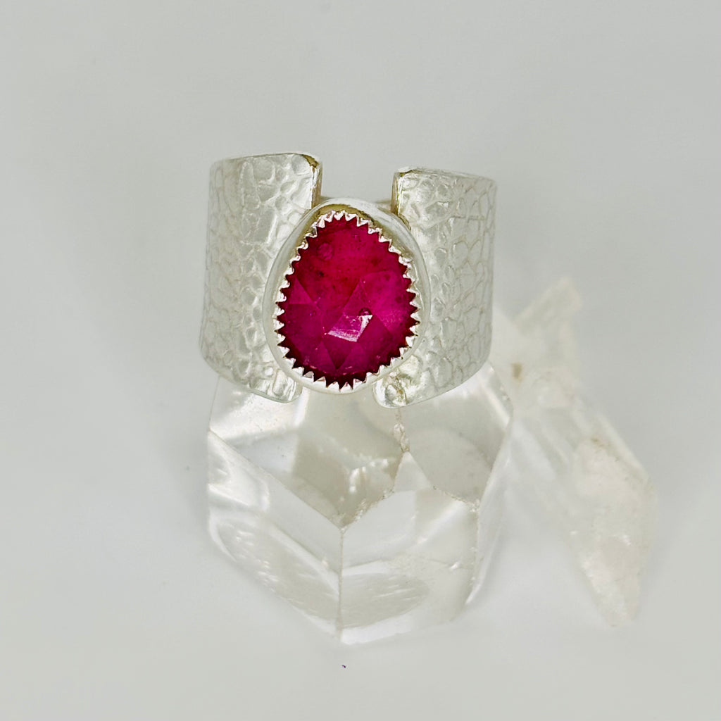 Handmade Textured 950 Sterling Silver Ring with Faceted Tourmaline