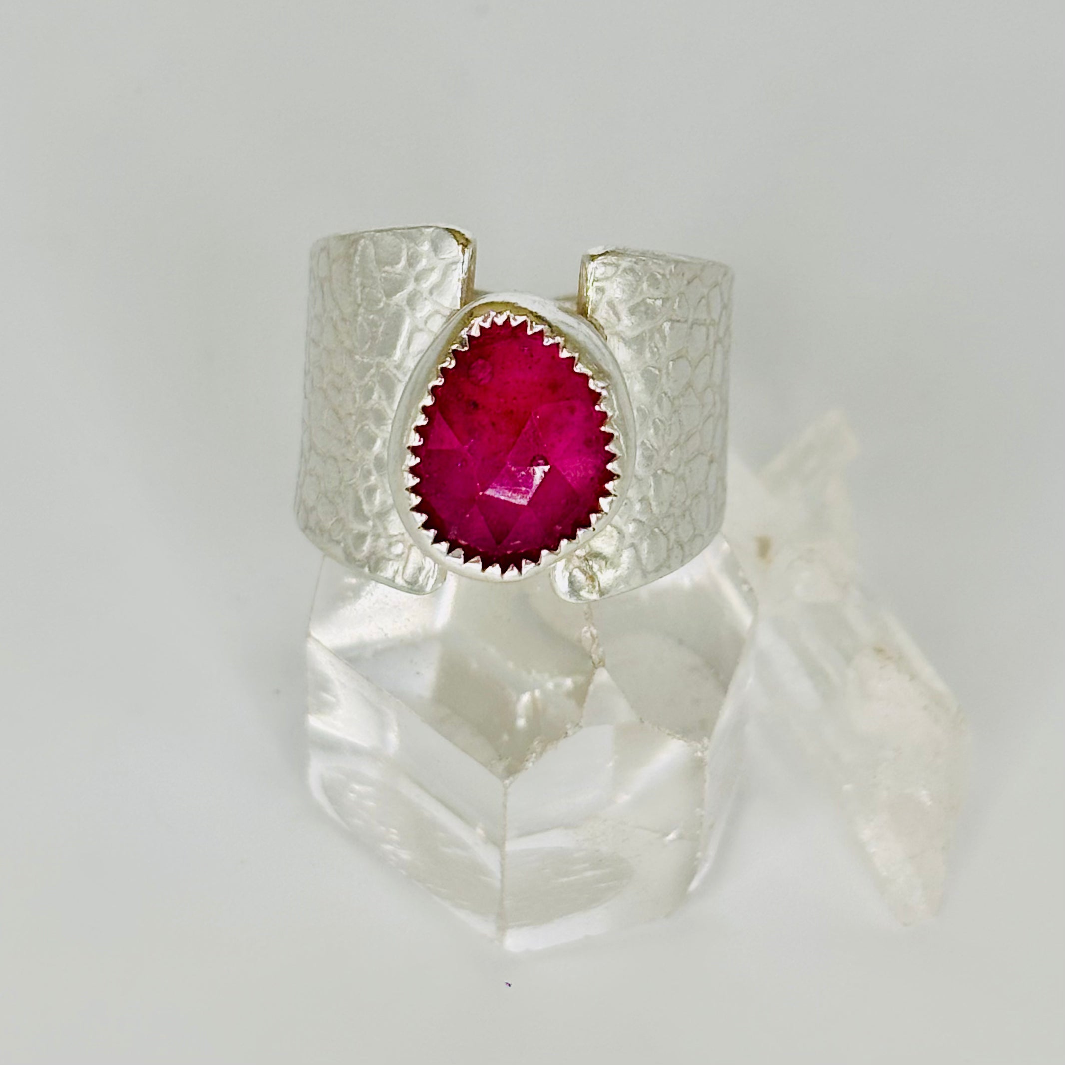 Handmade Textured 950 Sterling Silver Ring with Faceted Tourmaline