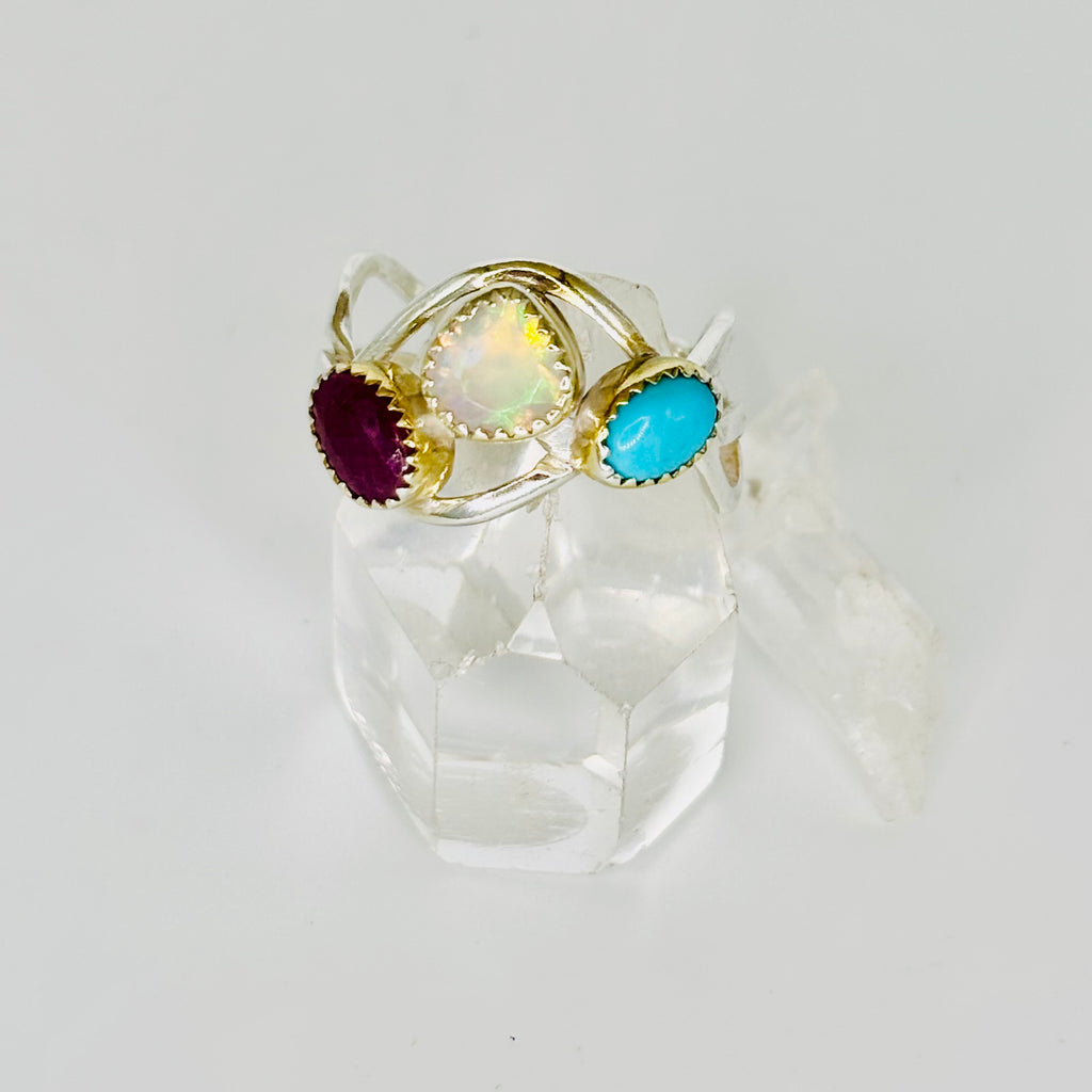 Handmade 950 Sterling Silver Ring | Ruby, Opal & Turquoise with Gold-Fused Edges