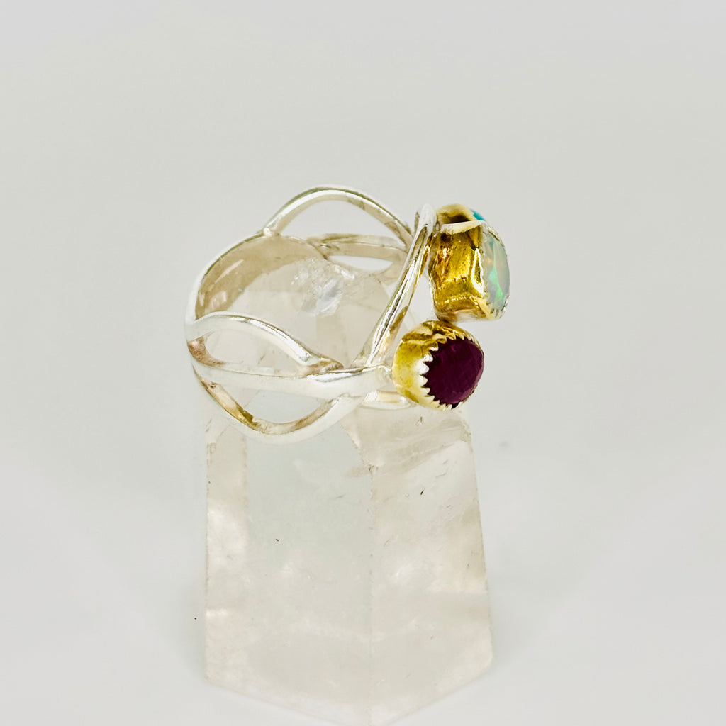 Handmade 950 Sterling Silver Ring | Ruby, Opal & Turquoise with Gold-Fused Edges