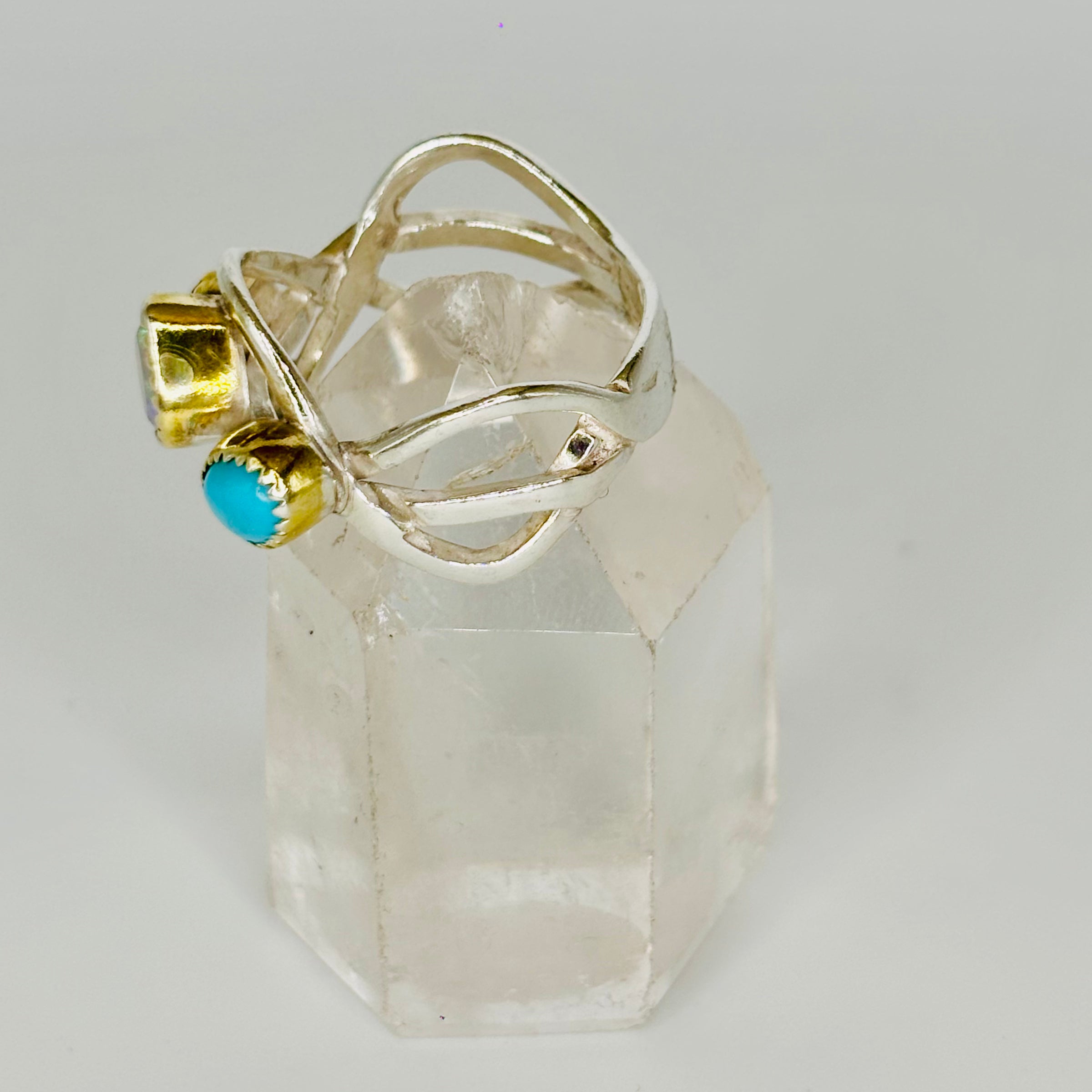 Handmade 950 Sterling Silver Ring | Ruby, Opal & Turquoise with Gold-Fused Edges