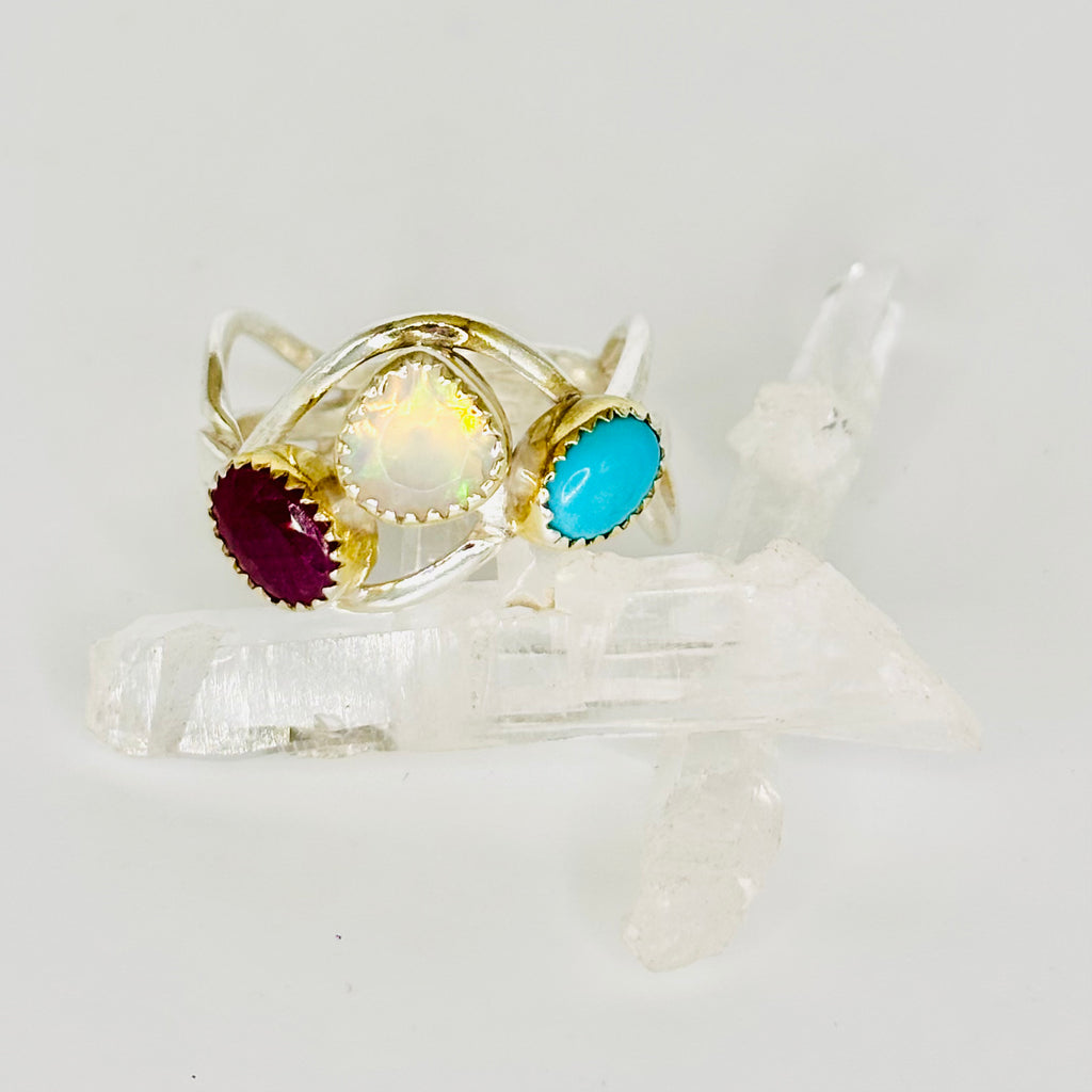 Handmade 950 Sterling Silver Ring | Ruby, Opal & Turquoise with Gold-Fused Edges