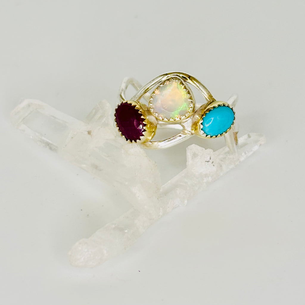 Handmade 950 Sterling Silver Ring | Ruby, Opal & Turquoise with Gold-Fused Edges