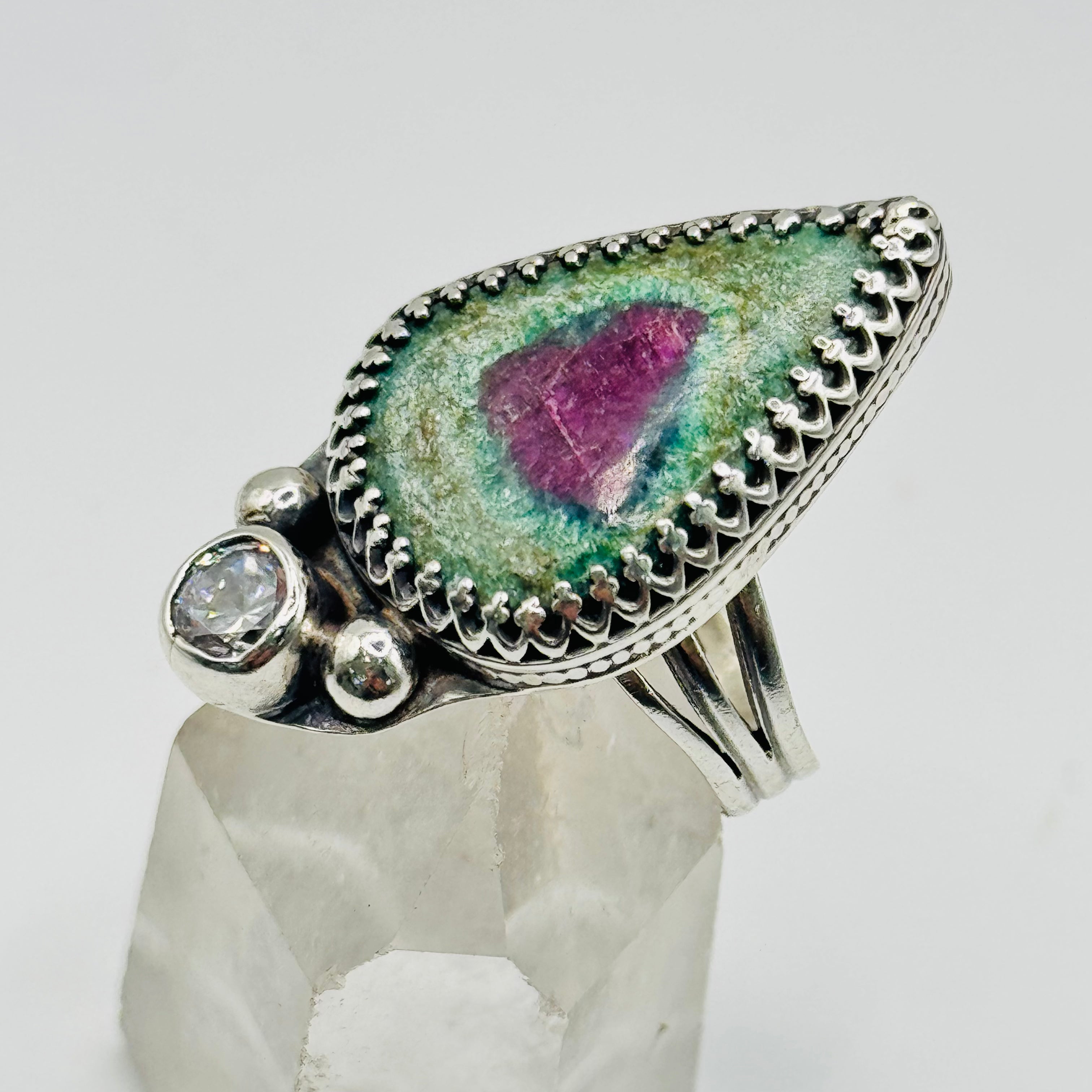 Handmade Ring | 950 Sterling Silver, Ruby Zoisite & Cubic Zirconia