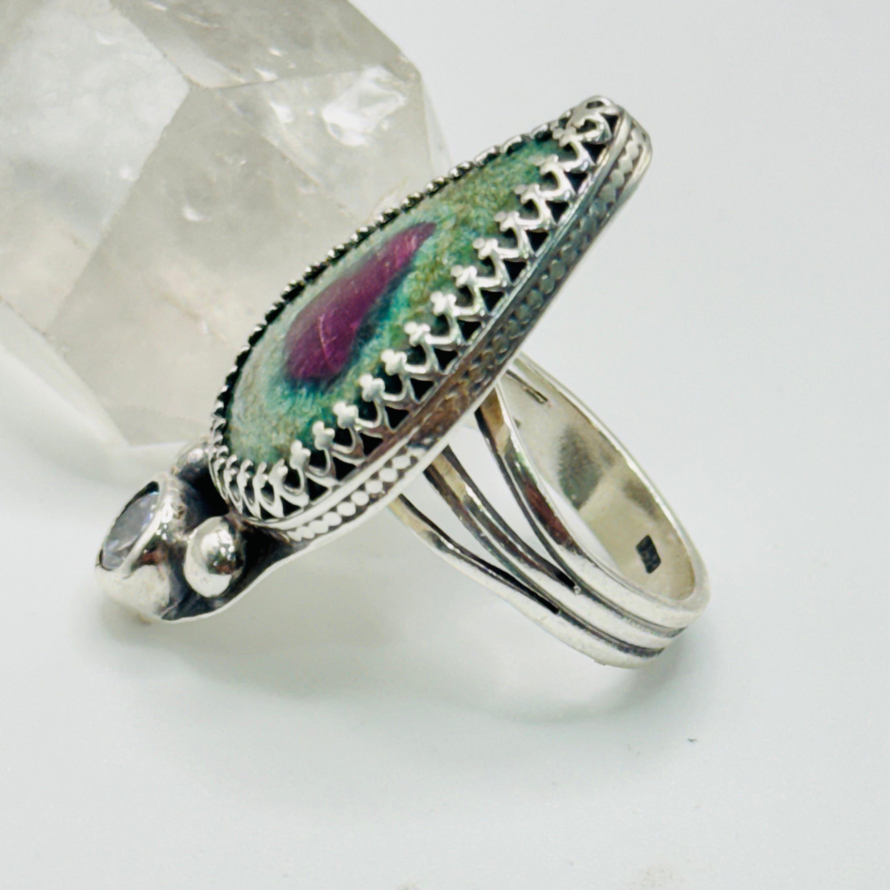Anillo Hecho a Mano | Plata de Ley 950, Zoisita Rubí y Circonita Cúbica