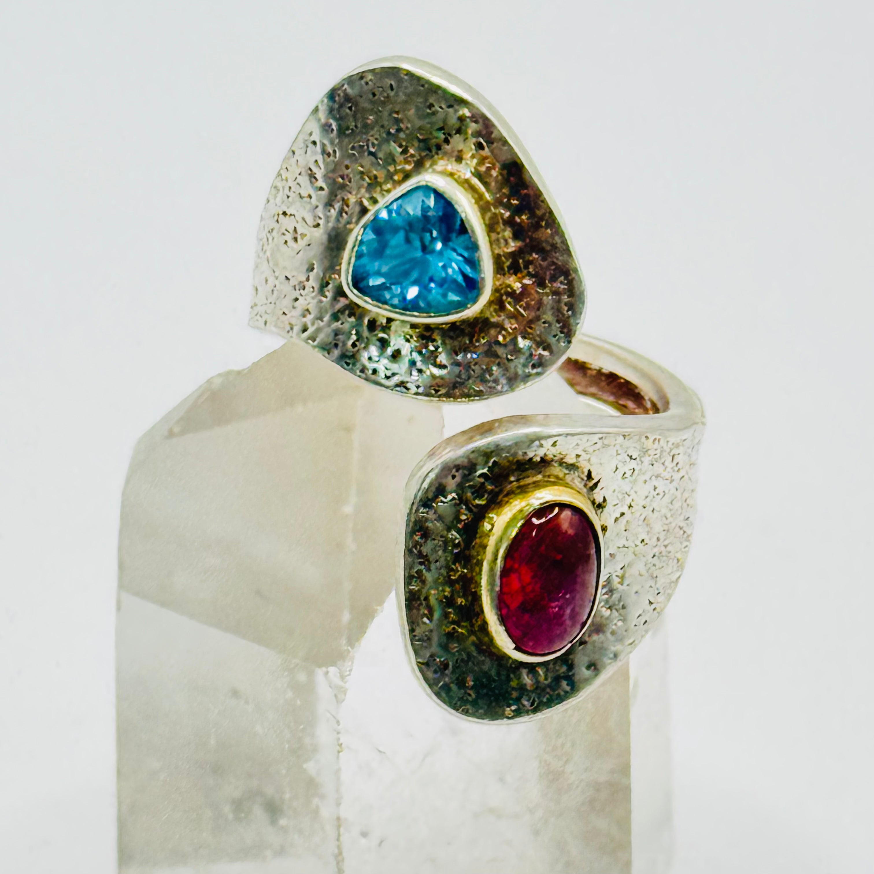 Handmade Adjustable Ring | 950 Silver, Blue Topaz & Tourmaline with Gold-Dipped Edges