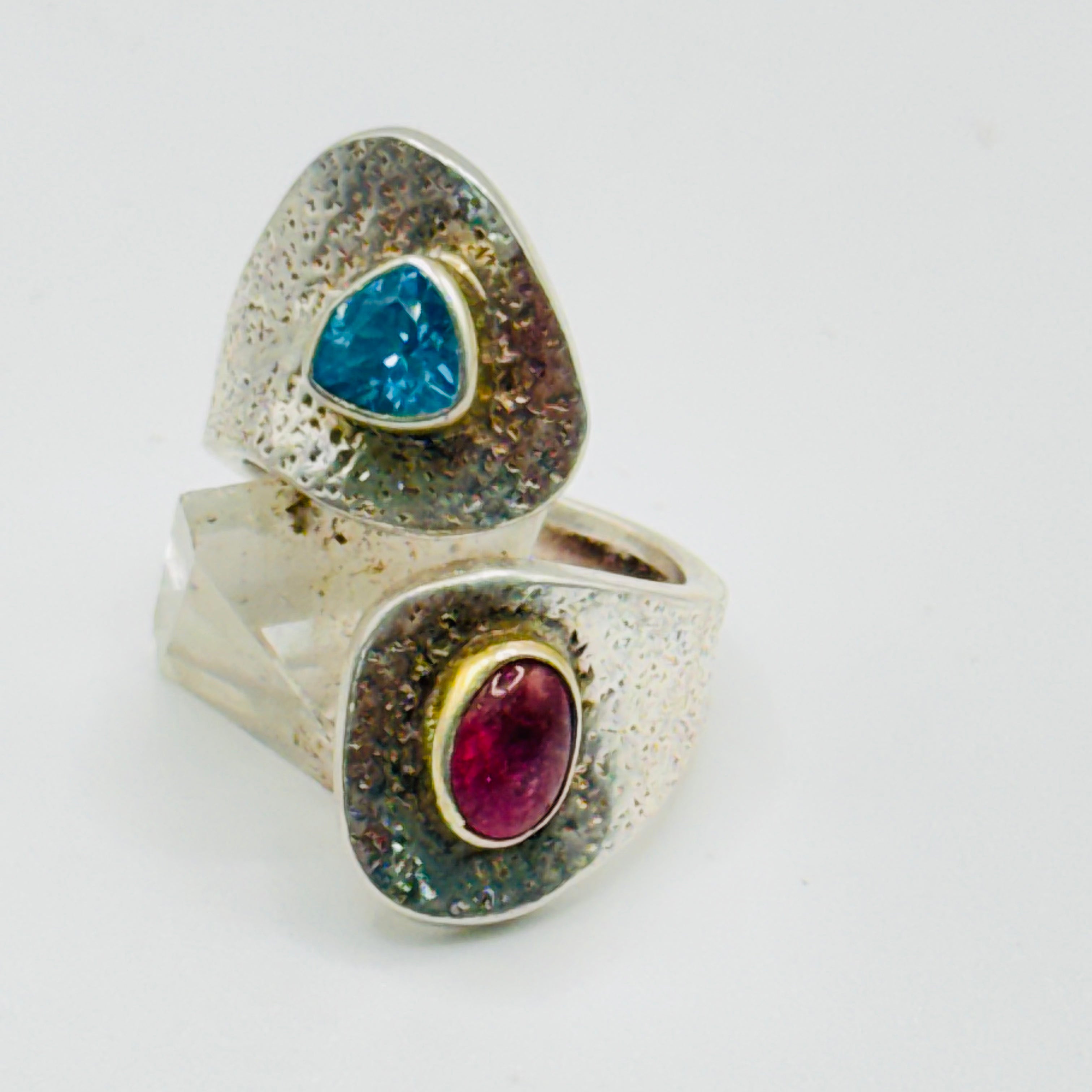 Handmade Adjustable Ring | 950 Silver, Blue Topaz & Tourmaline with Gold-Dipped Edges