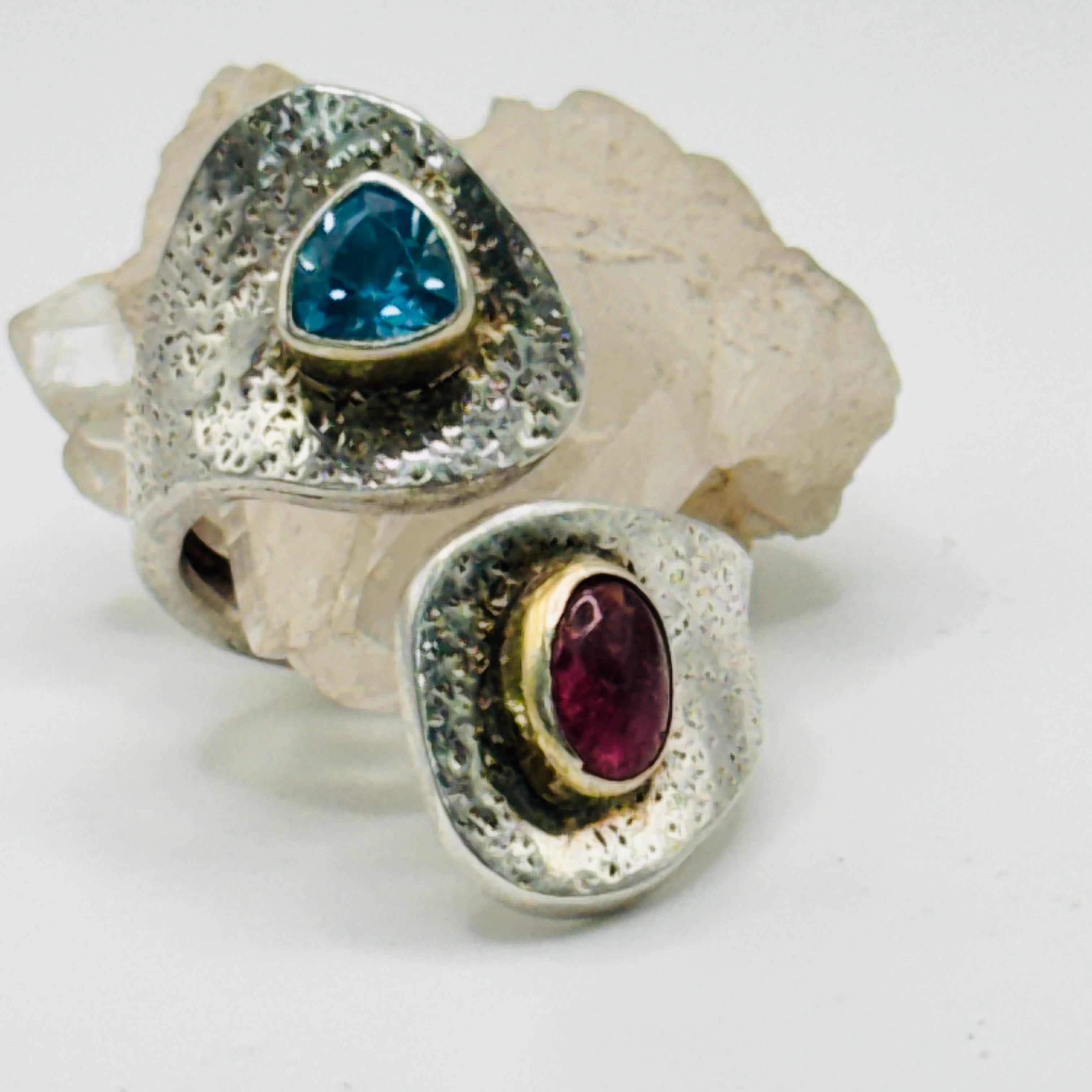 Handmade Adjustable Ring | 950 Silver, Blue Topaz & Tourmaline with Gold-Dipped Edges