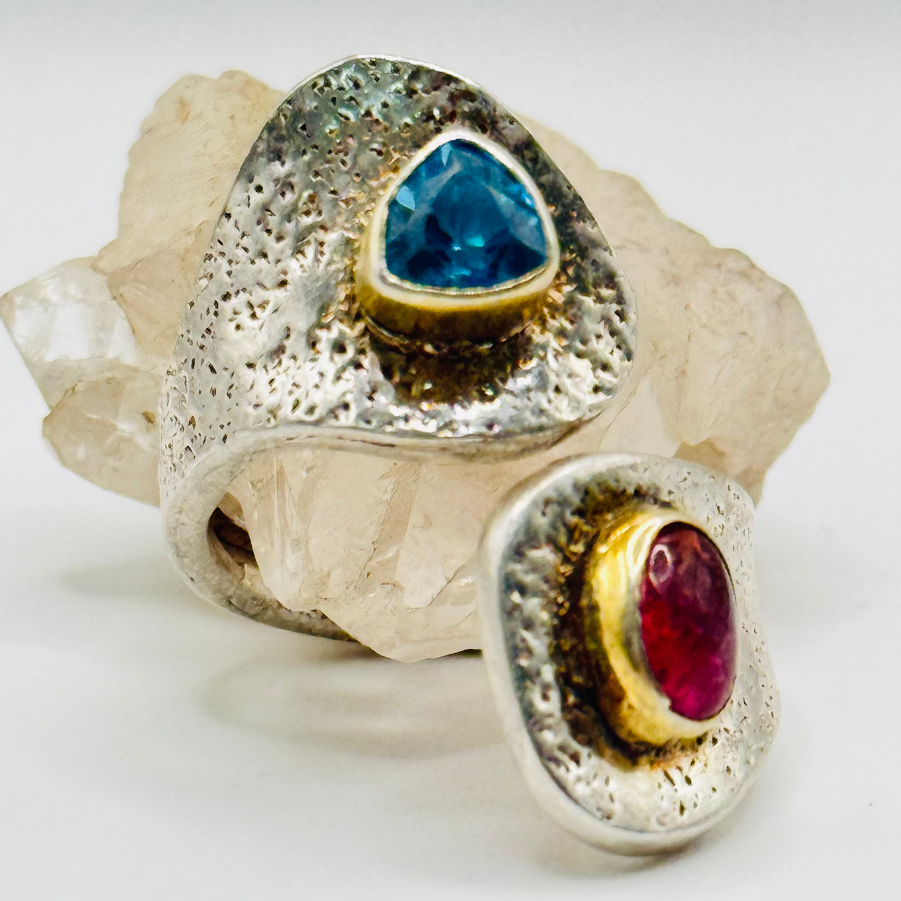 Handmade Adjustable Ring | 950 Silver, Blue Topaz & Tourmaline with Gold-Dipped Edges