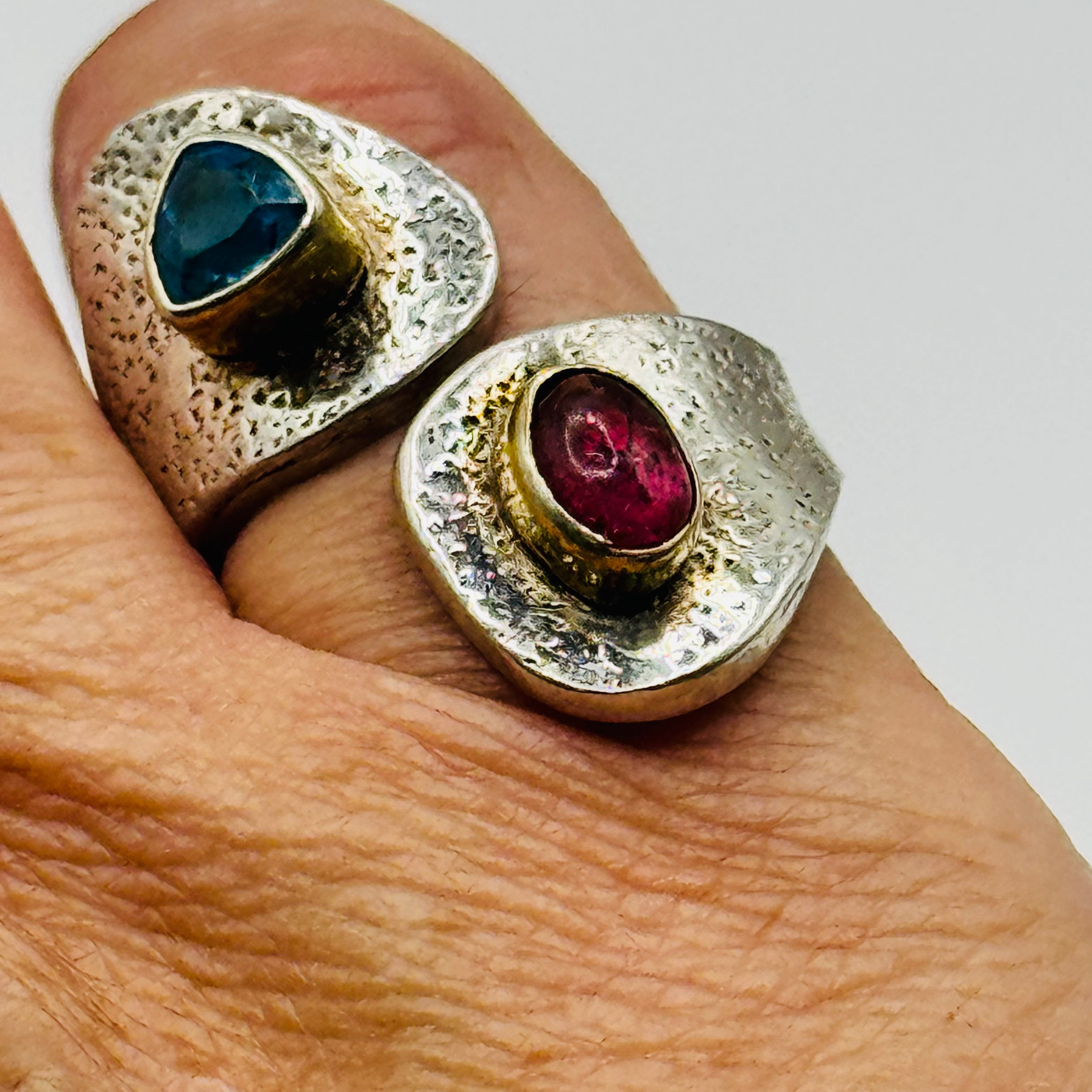 Handmade Adjustable Ring | 950 Silver, Blue Topaz & Tourmaline with Gold-Dipped Edges