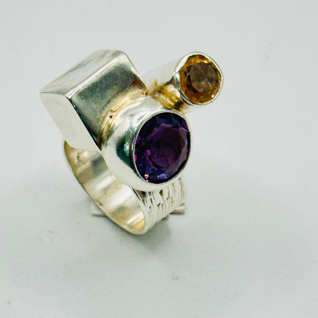 Artistic Geometric Ring | Handmade 950 Sterling Silver, Amethyst & Citrine — Size 8