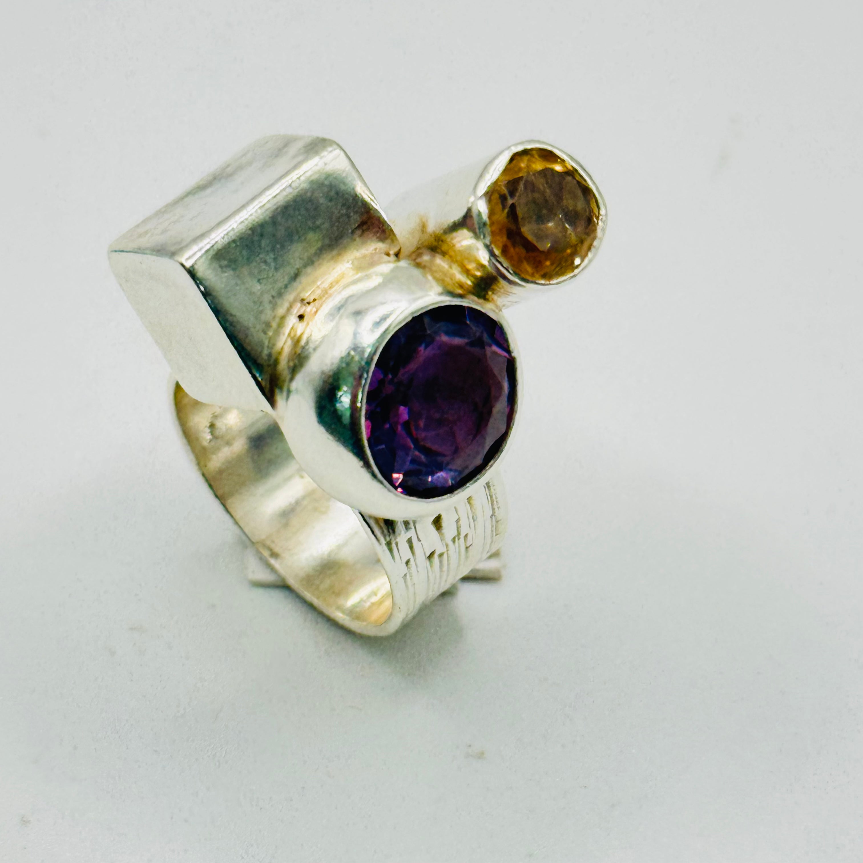 Artistic Geometric Ring | Handmade 950 Sterling Silver, Amethyst & Citrine — Size 8