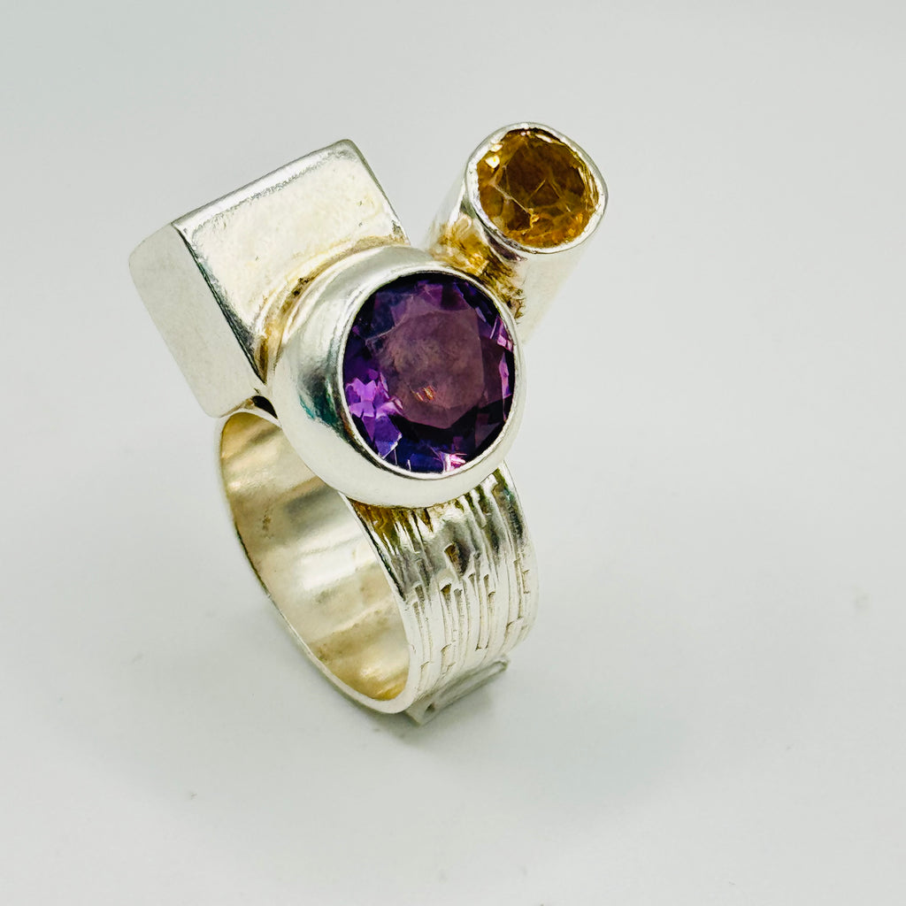 Artistic Geometric Ring | Handmade 950 Sterling Silver, Amethyst & Citrine — Size 8