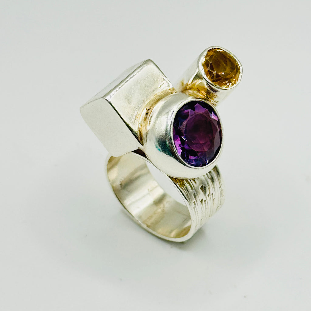 Artistic Geometric Ring | Handmade 950 Sterling Silver, Amethyst & Citrine — Size 8