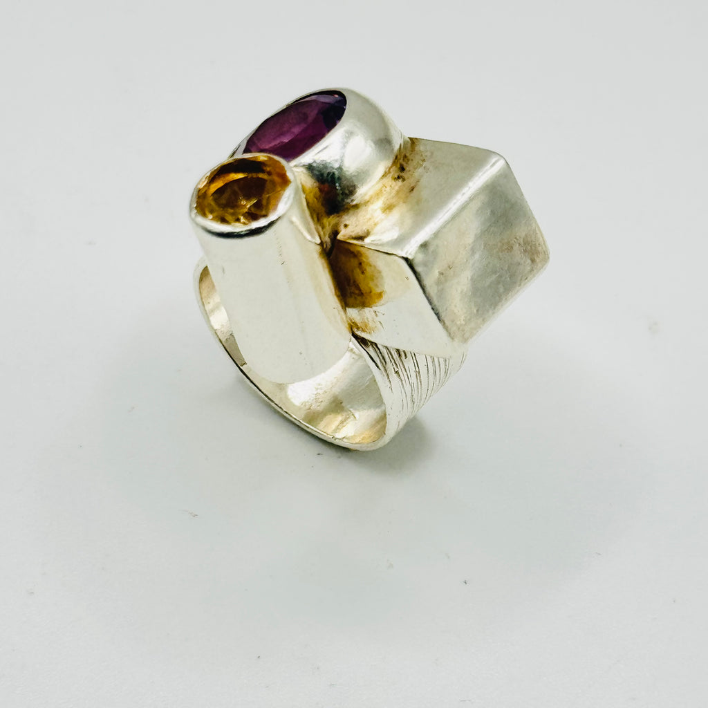 Artistic Geometric Ring | Handmade 950 Sterling Silver, Amethyst & Citrine — Size 8