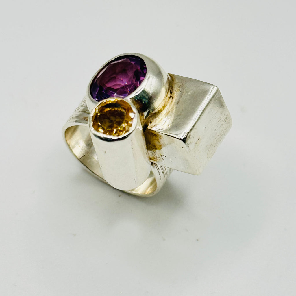 Artistic Geometric Ring | Handmade 950 Sterling Silver, Amethyst & Citrine — Size 8