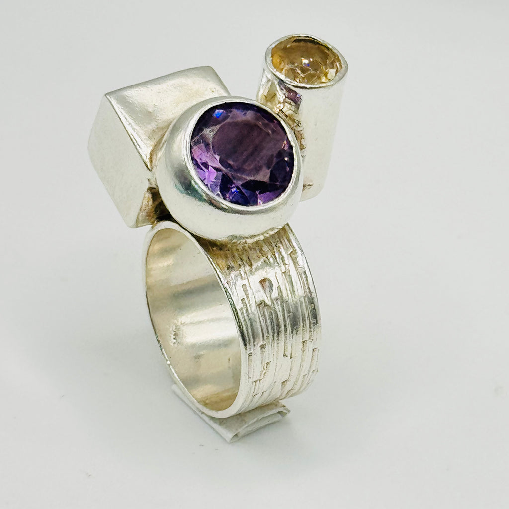 Artistic Geometric Ring | Handmade 950 Sterling Silver, Amethyst & Citrine — Size 8