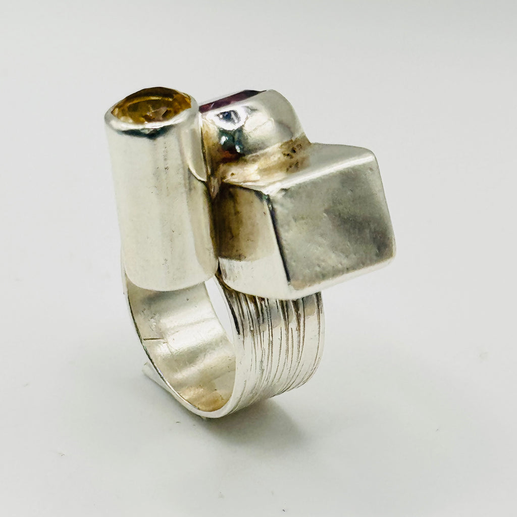 Artistic Geometric Ring | Handmade 950 Sterling Silver, Amethyst & Citrine — Size 8
