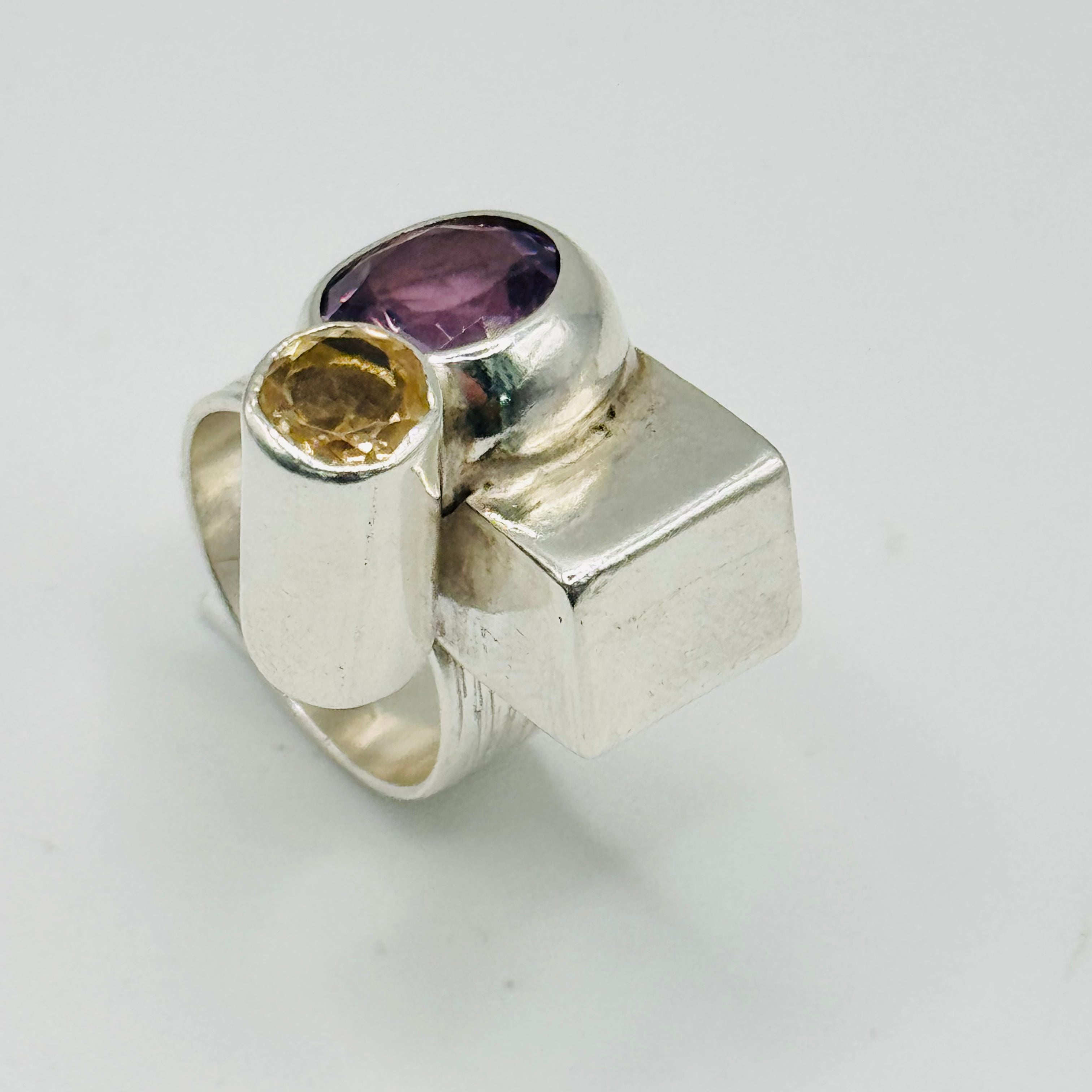 Artistic Geometric Ring | Handmade 950 Sterling Silver, Amethyst & Citrine — Size 8