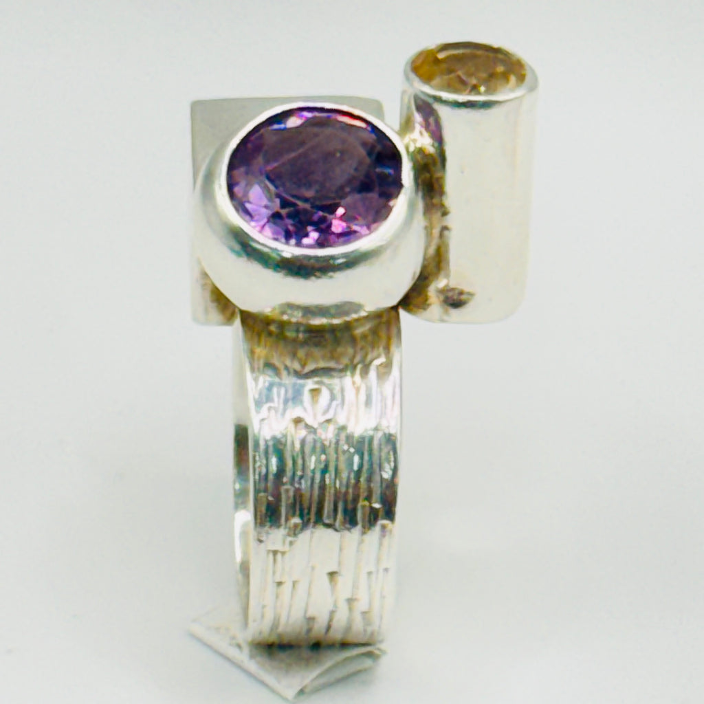Artistic Geometric Ring | Handmade 950 Sterling Silver, Amethyst & Citrine — Size 8