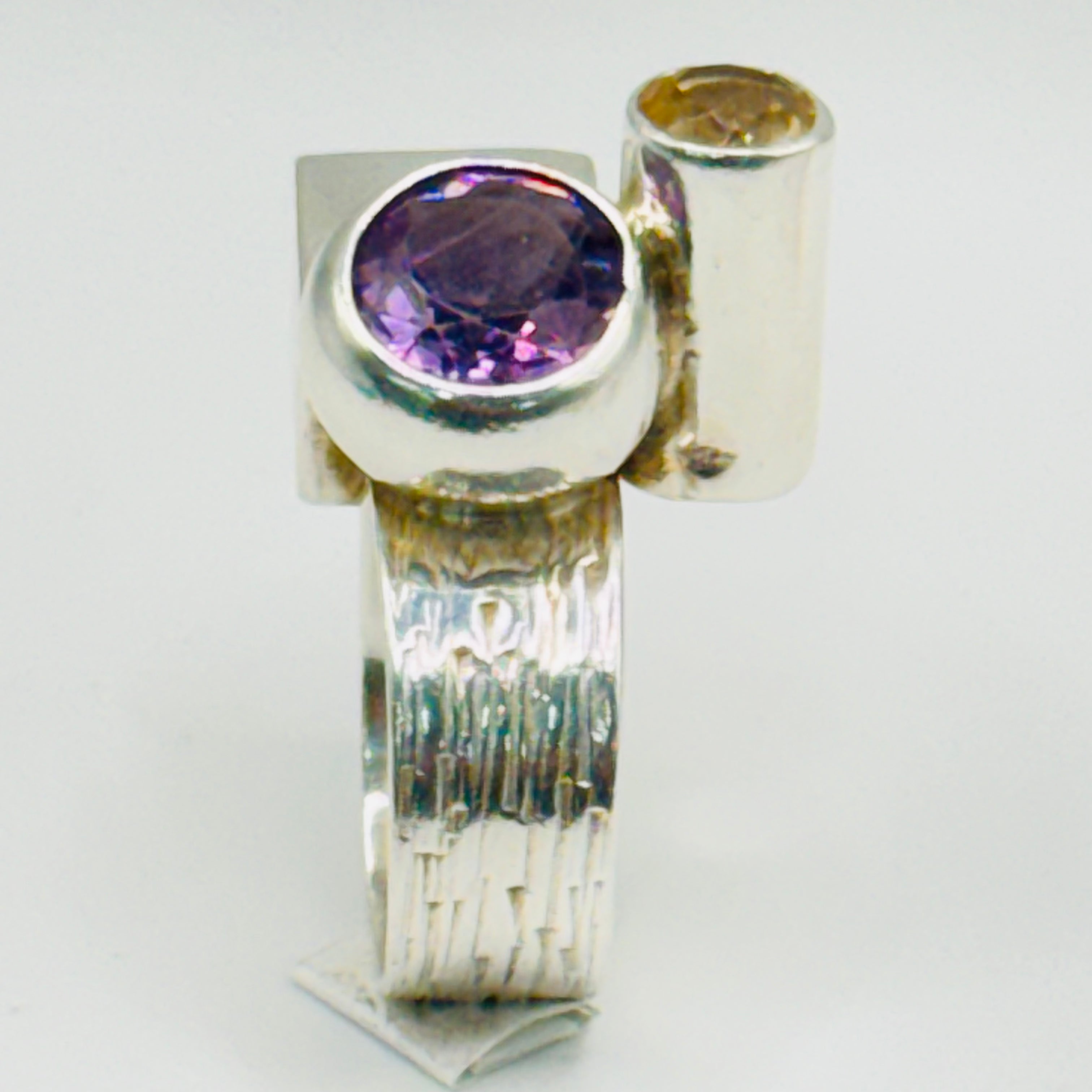 Artistic Geometric Ring | Handmade 950 Sterling Silver, Amethyst & Citrine — Size 8