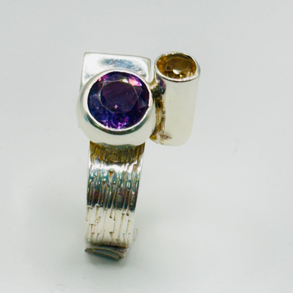 Artistic Geometric Ring | Handmade 950 Sterling Silver, Amethyst & Citrine — Size 8