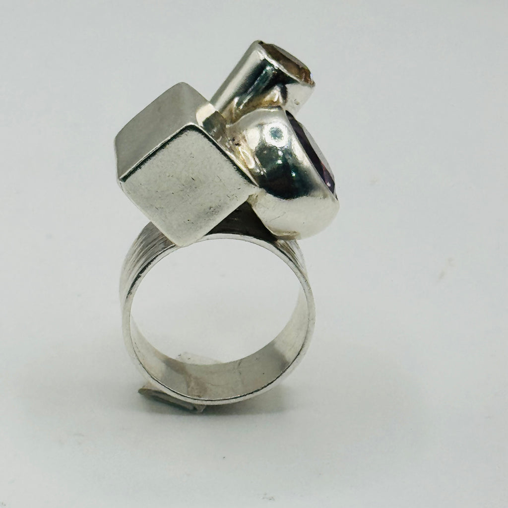 Artistic Geometric Ring | Handmade 950 Sterling Silver, Amethyst & Citrine — Size 8