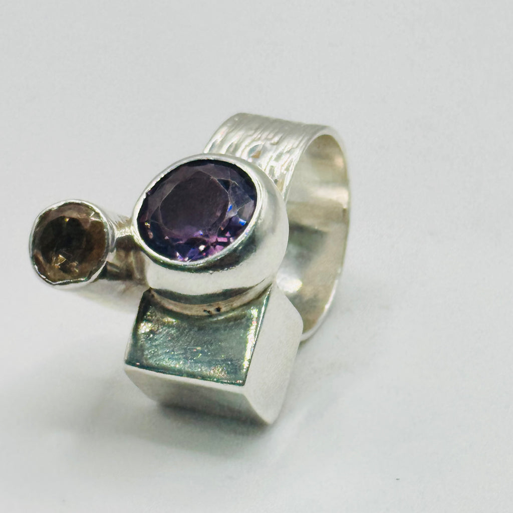 Artistic Geometric Ring | Handmade 950 Sterling Silver, Amethyst & Citrine — Size 8
