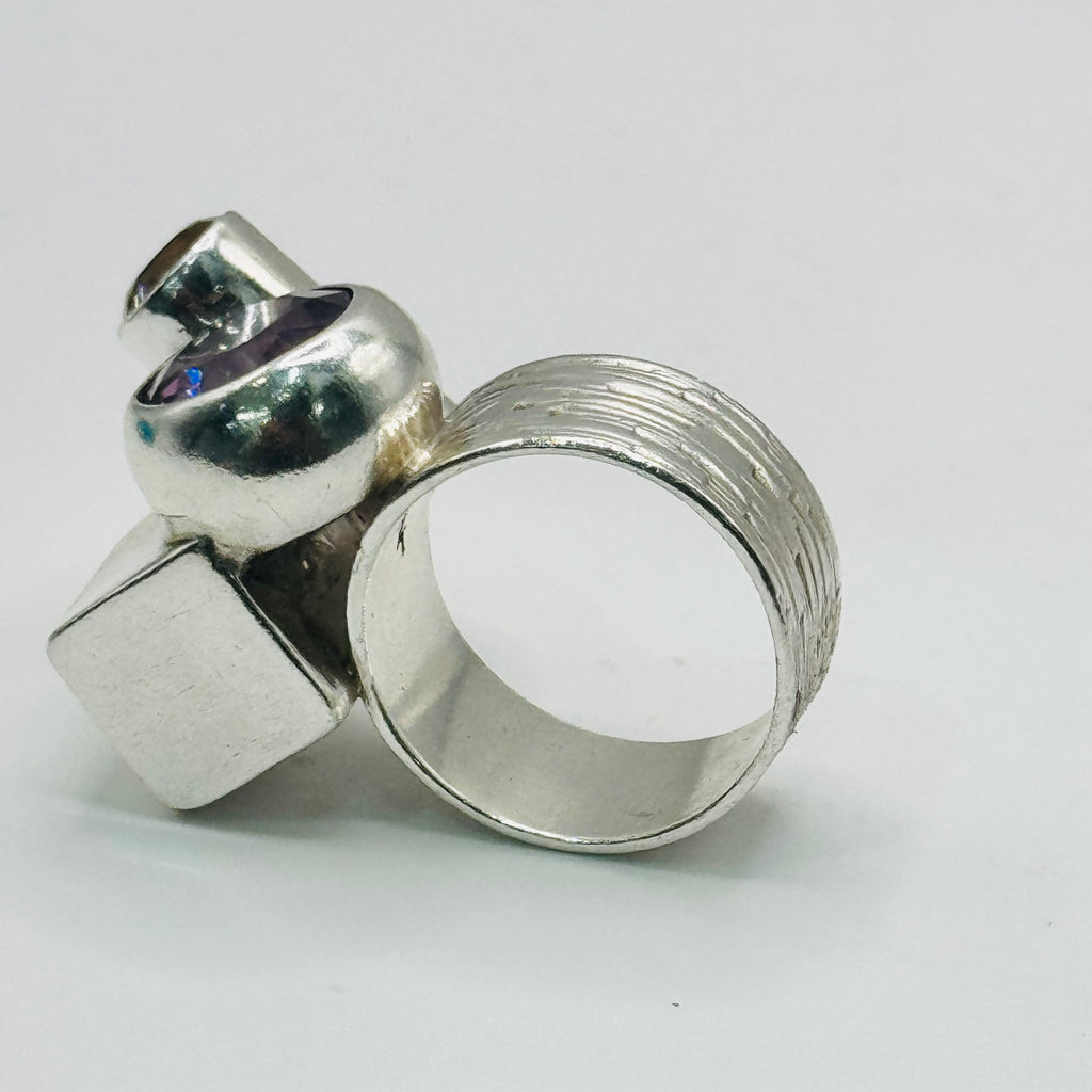 Artistic Geometric Ring | Handmade 950 Sterling Silver, Amethyst & Citrine — Size 8