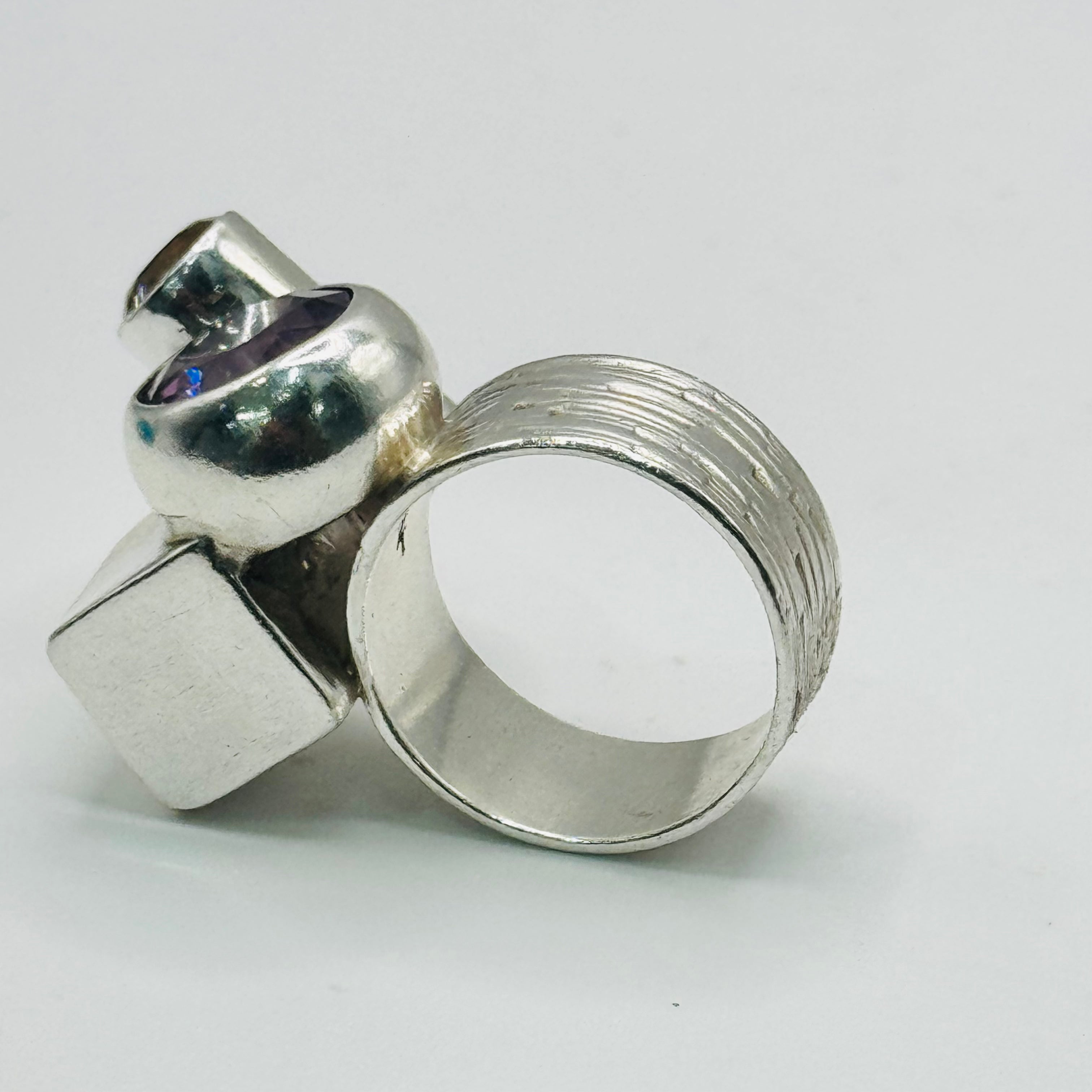 Artistic Geometric Ring | Handmade 950 Sterling Silver, Amethyst & Citrine — Size 8