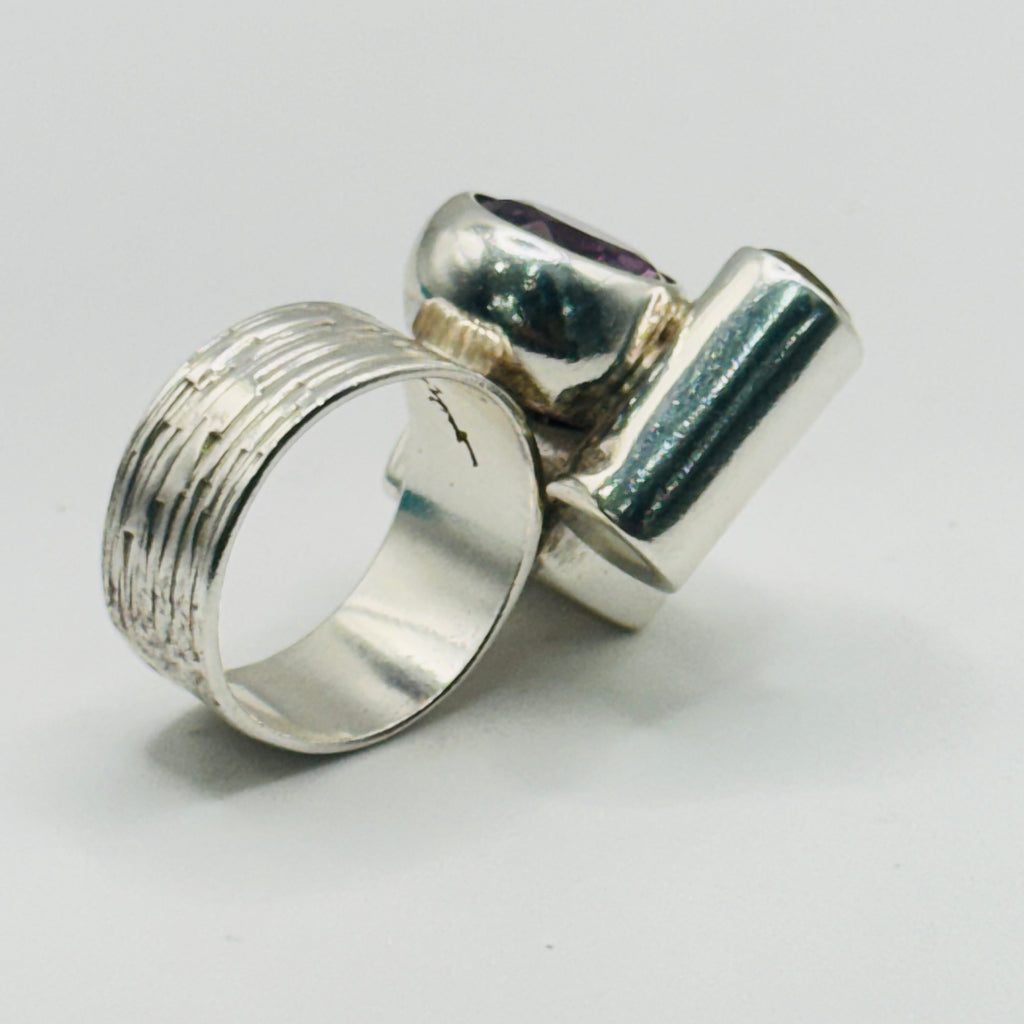Artistic Geometric Ring | Handmade 950 Sterling Silver, Amethyst & Citrine — Size 8