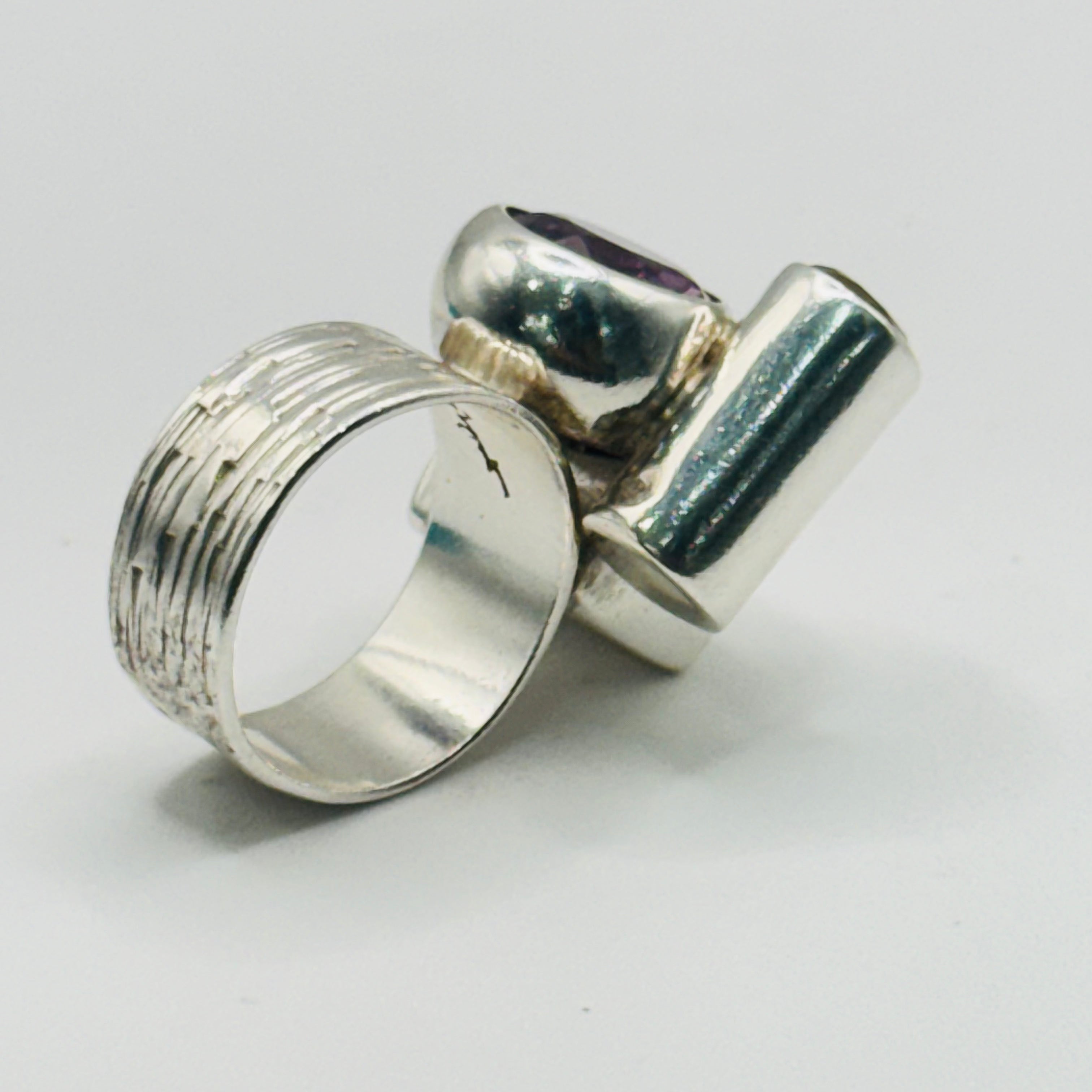 Artistic Geometric Ring | Handmade 950 Sterling Silver, Amethyst & Citrine — Size 8