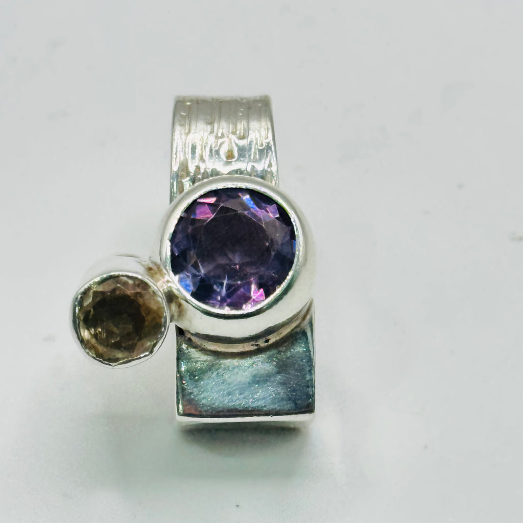 Artistic Geometric Ring | Handmade 950 Sterling Silver, Amethyst & Citrine — Size 8