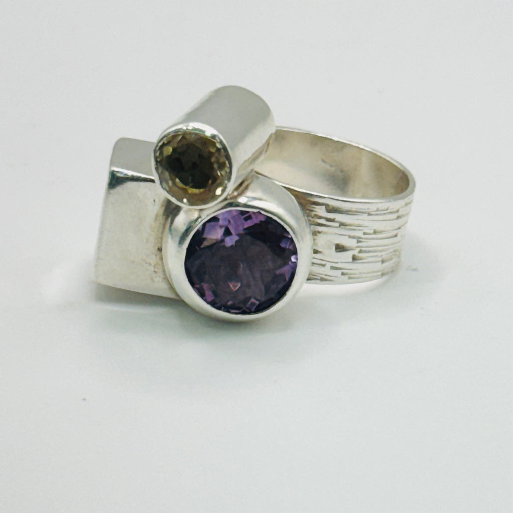 Artistic Geometric Ring | Handmade 950 Sterling Silver, Amethyst & Citrine — Size 8