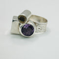 Artistic Geometric Ring | Handmade 950 Sterling Silver, Amethyst & Citrine — Size 8