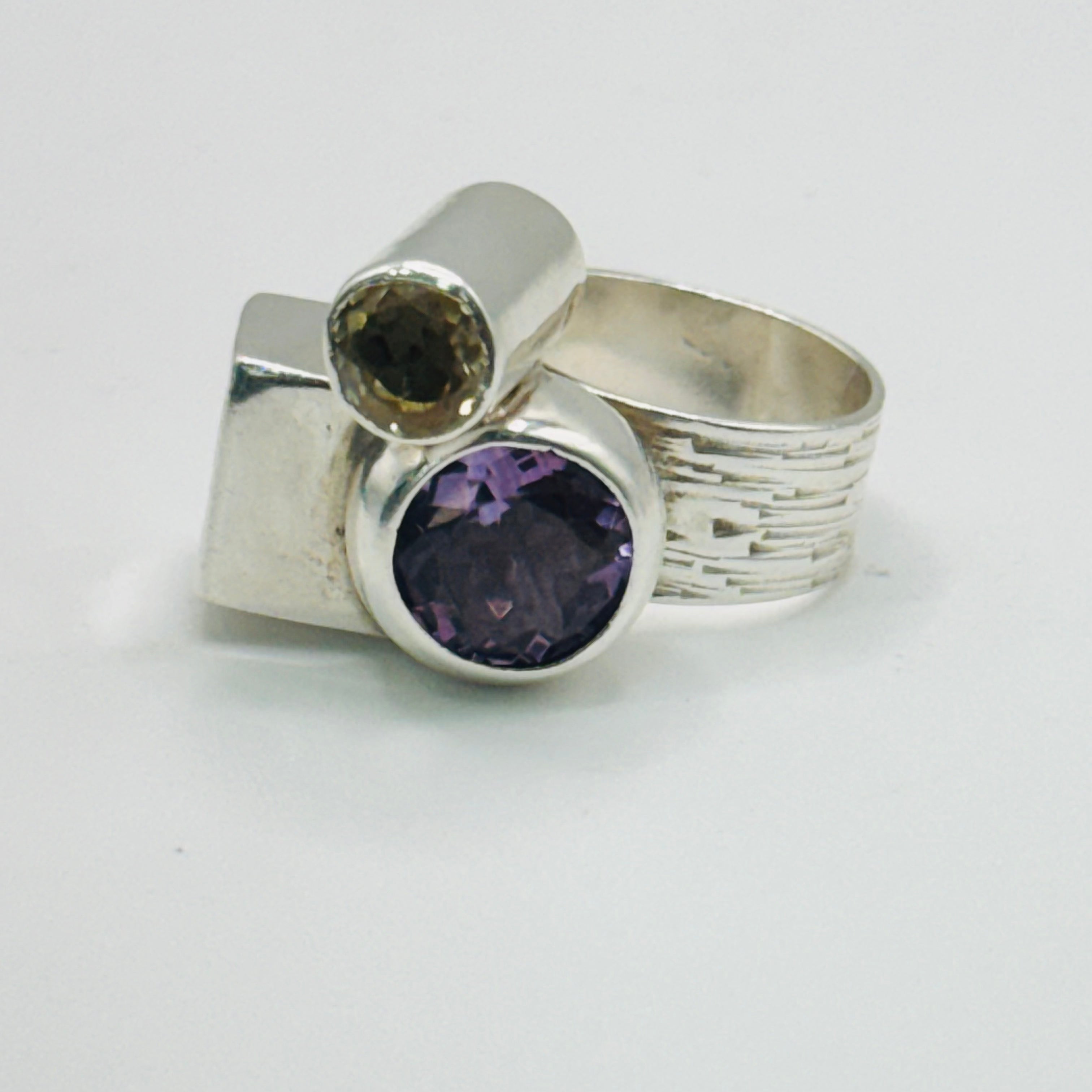 Artistic Geometric Ring | Handmade 950 Sterling Silver, Amethyst & Citrine — Size 8