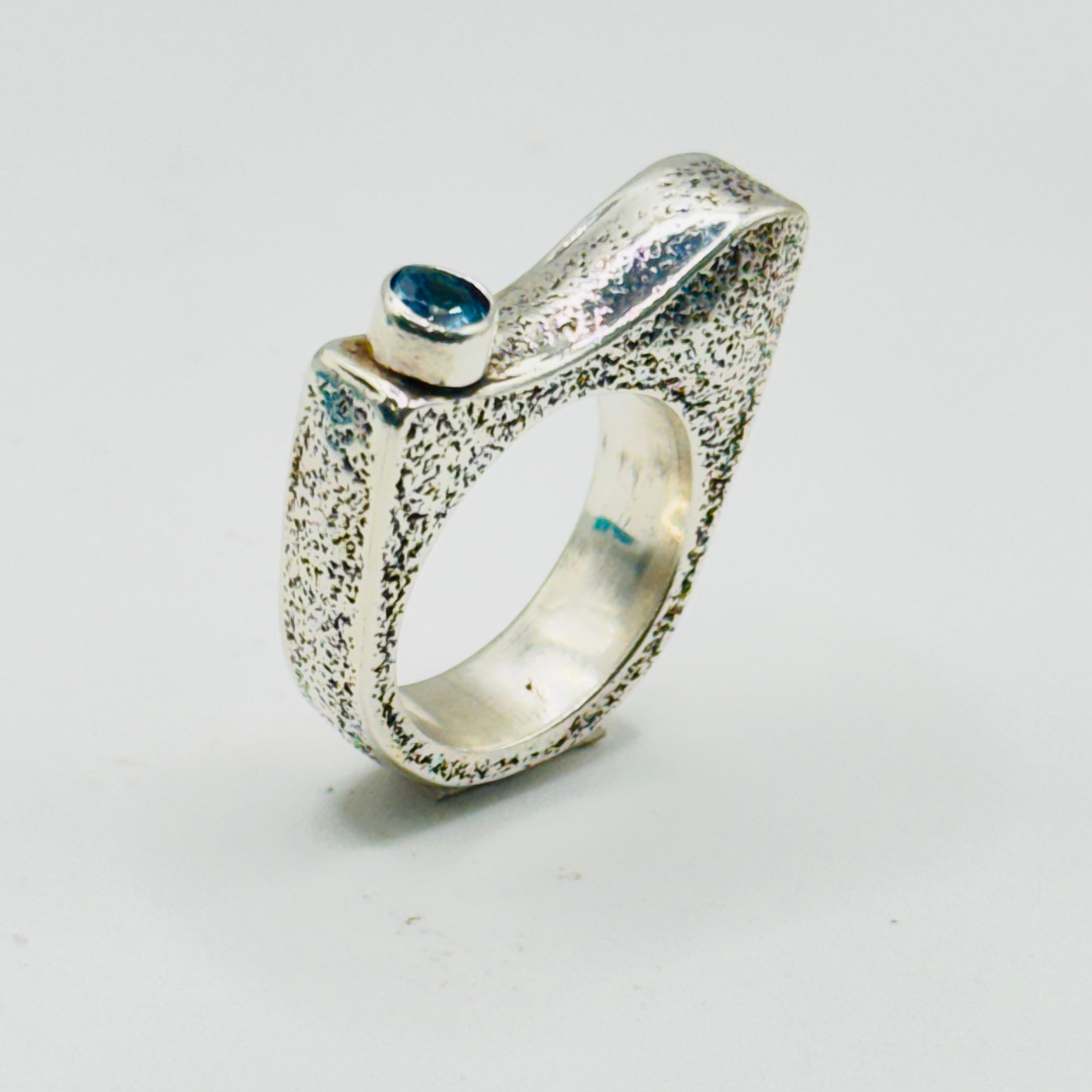 Artistic Texture Ring | Handmade 950 Sterling Silver & Blue Topaz — Size 7