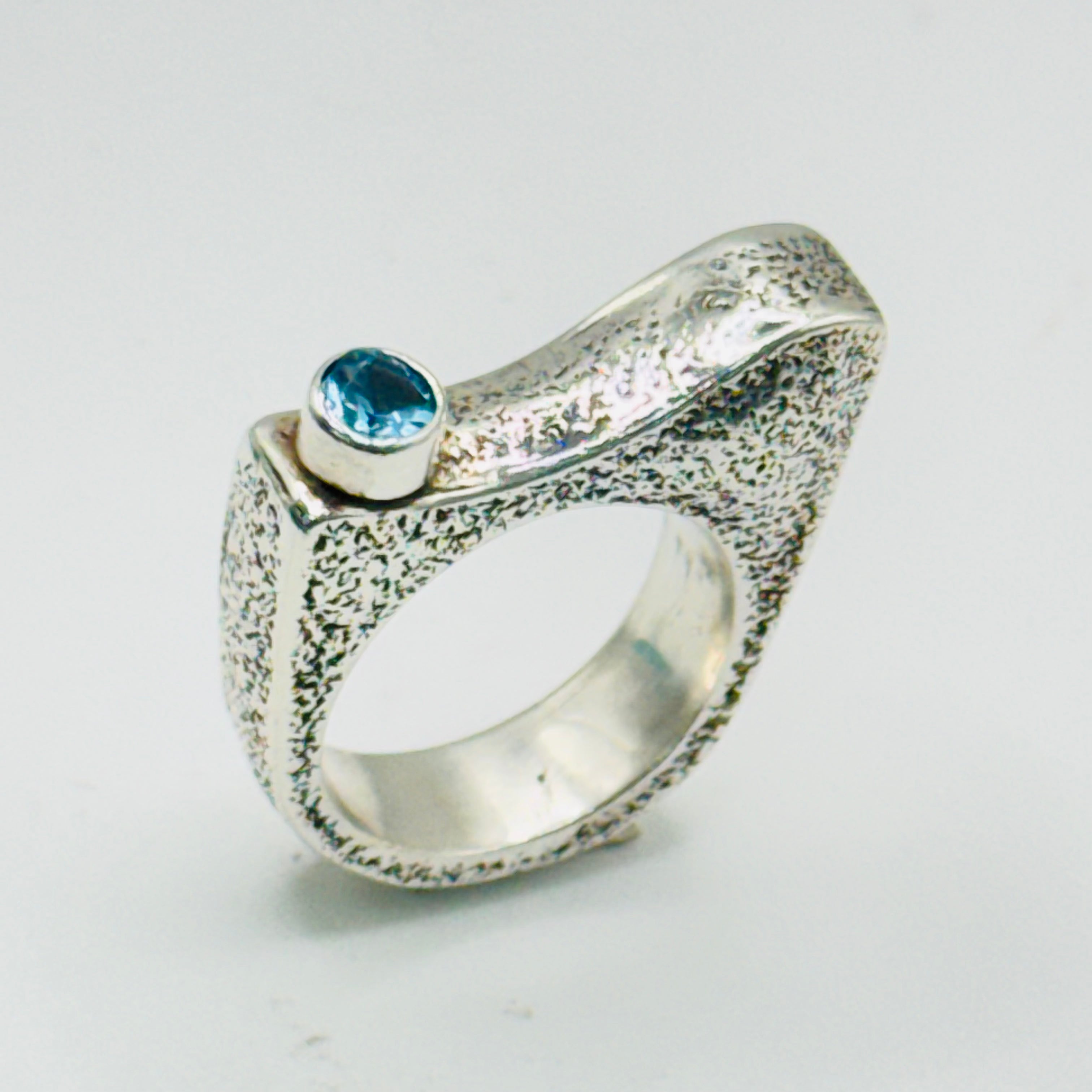 Artistic Texture Ring | Handmade 950 Sterling Silver & Blue Topaz — Size 7