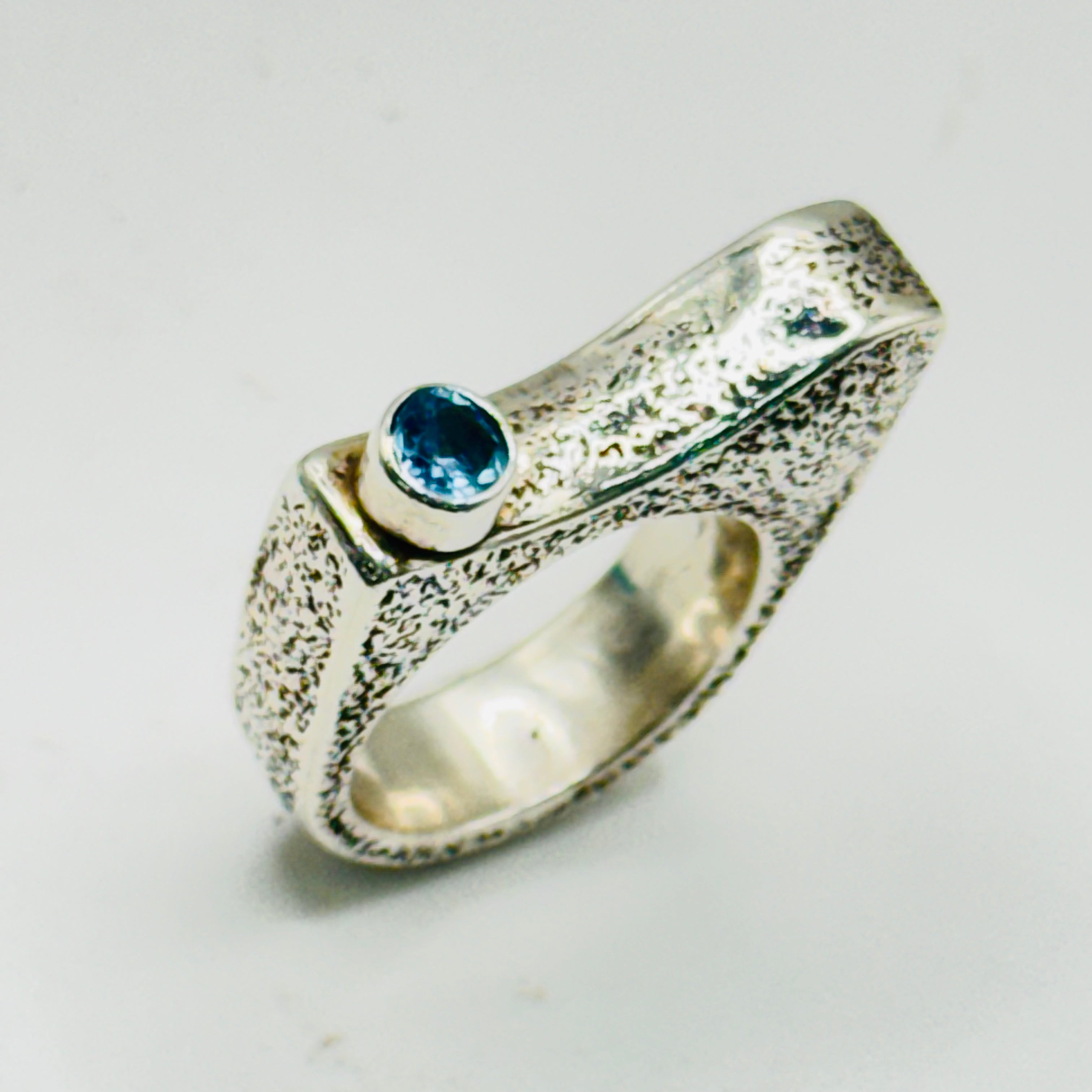 Artistic Texture Ring | Handmade 950 Sterling Silver & Blue Topaz — Size 7