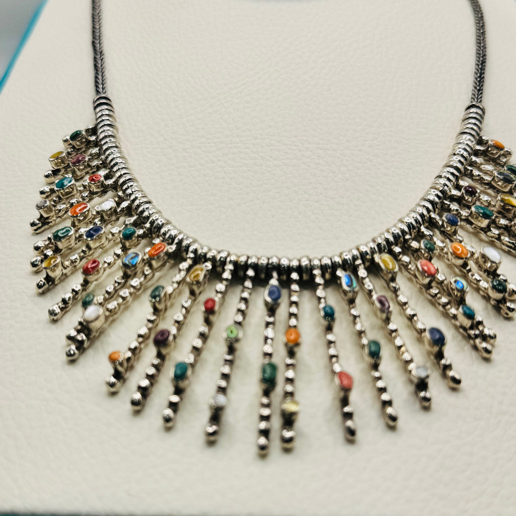 Conjunto de collar y pendientes de piedra colorida | Hecho a mano en plata de ley 950