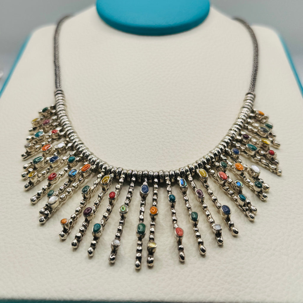 Conjunto de collar y pendientes de piedra colorida | Hecho a mano en plata de ley 950