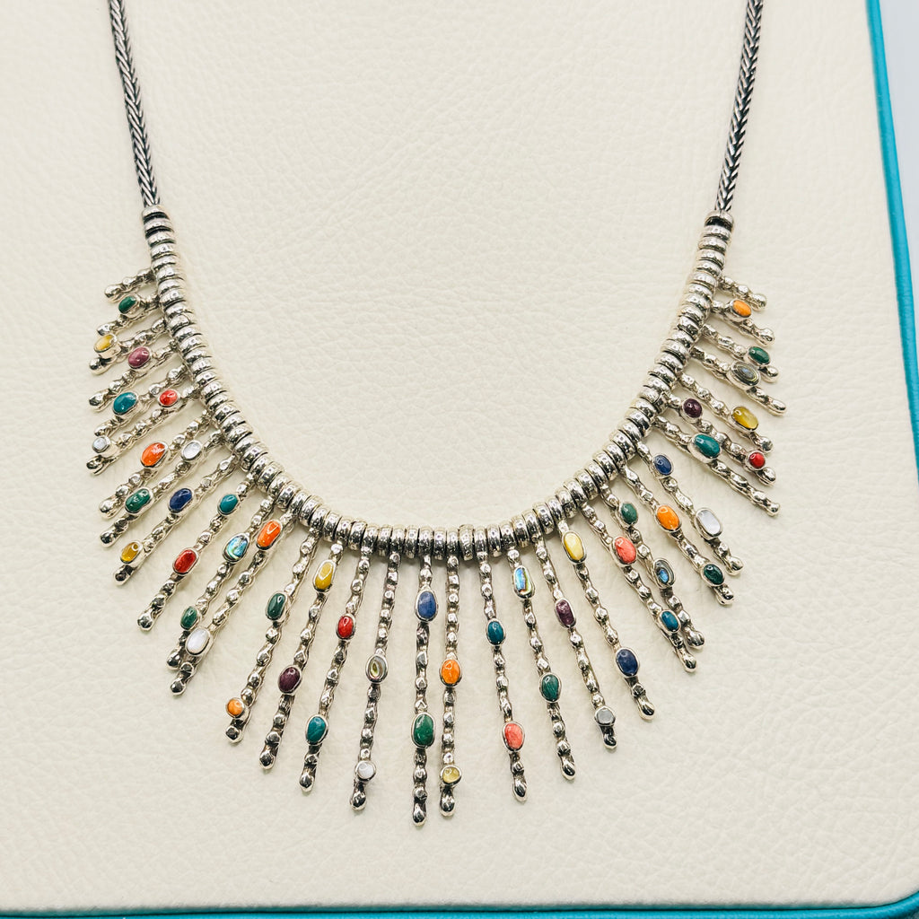 Conjunto de collar y pendientes de piedra colorida | Hecho a mano en plata de ley 950