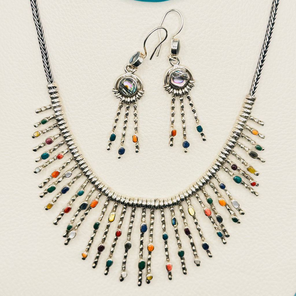 Conjunto de collar y pendientes de piedra colorida | Hecho a mano en plata de ley 950