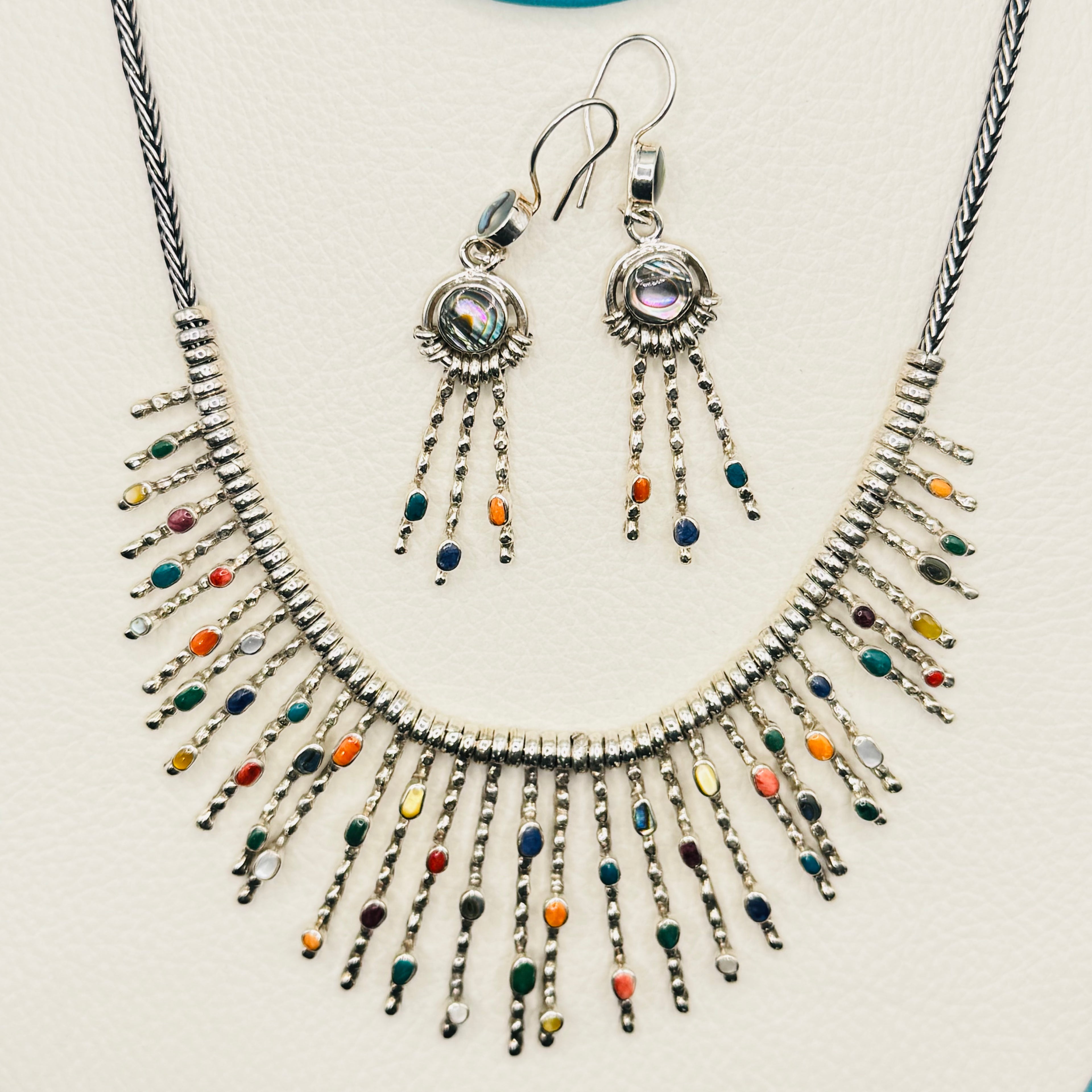 Colorful Stone Necklace & Earrings Set | Handcrafted Sterling Silver 950