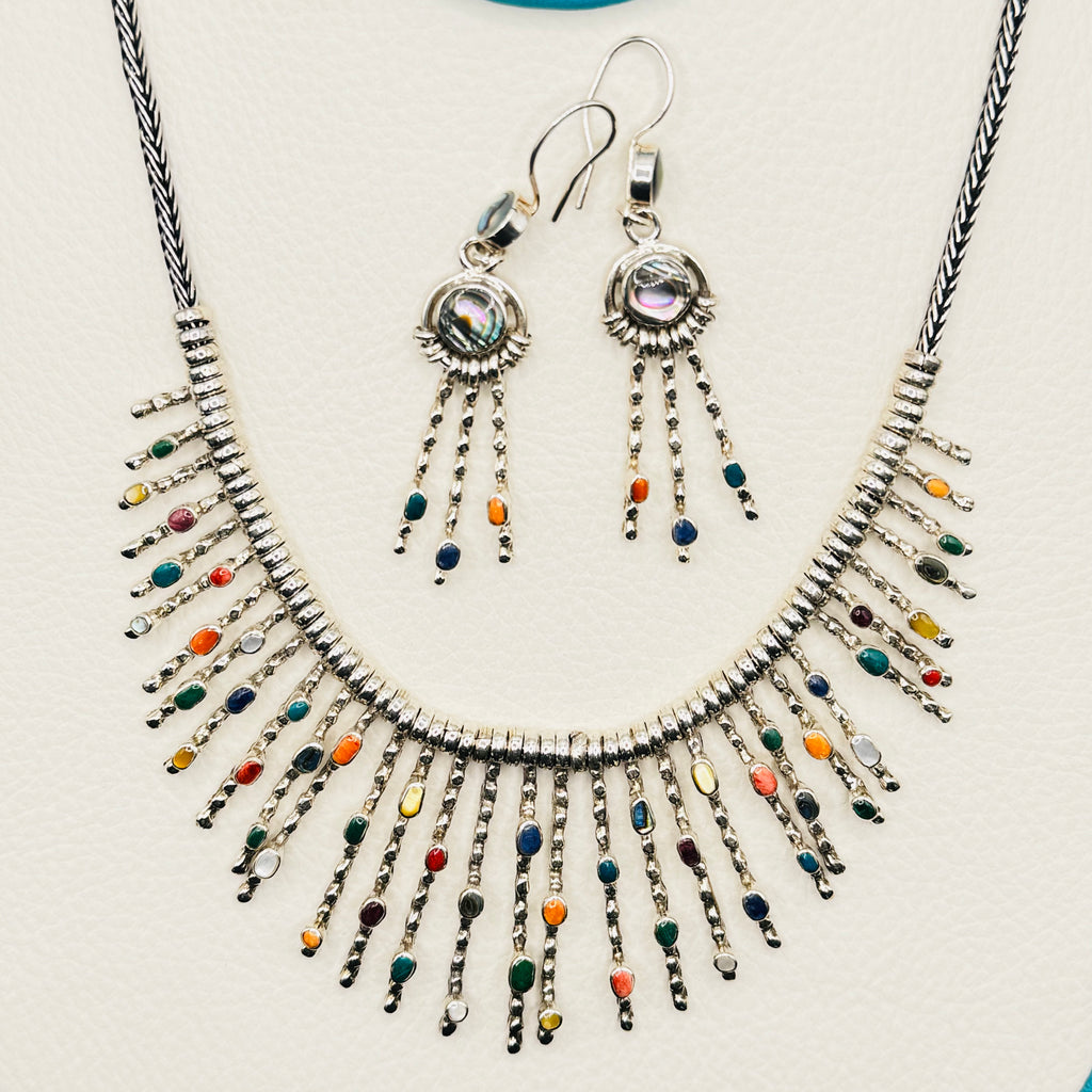 Conjunto de collar y pendientes de piedra colorida | Hecho a mano en plata de ley 950