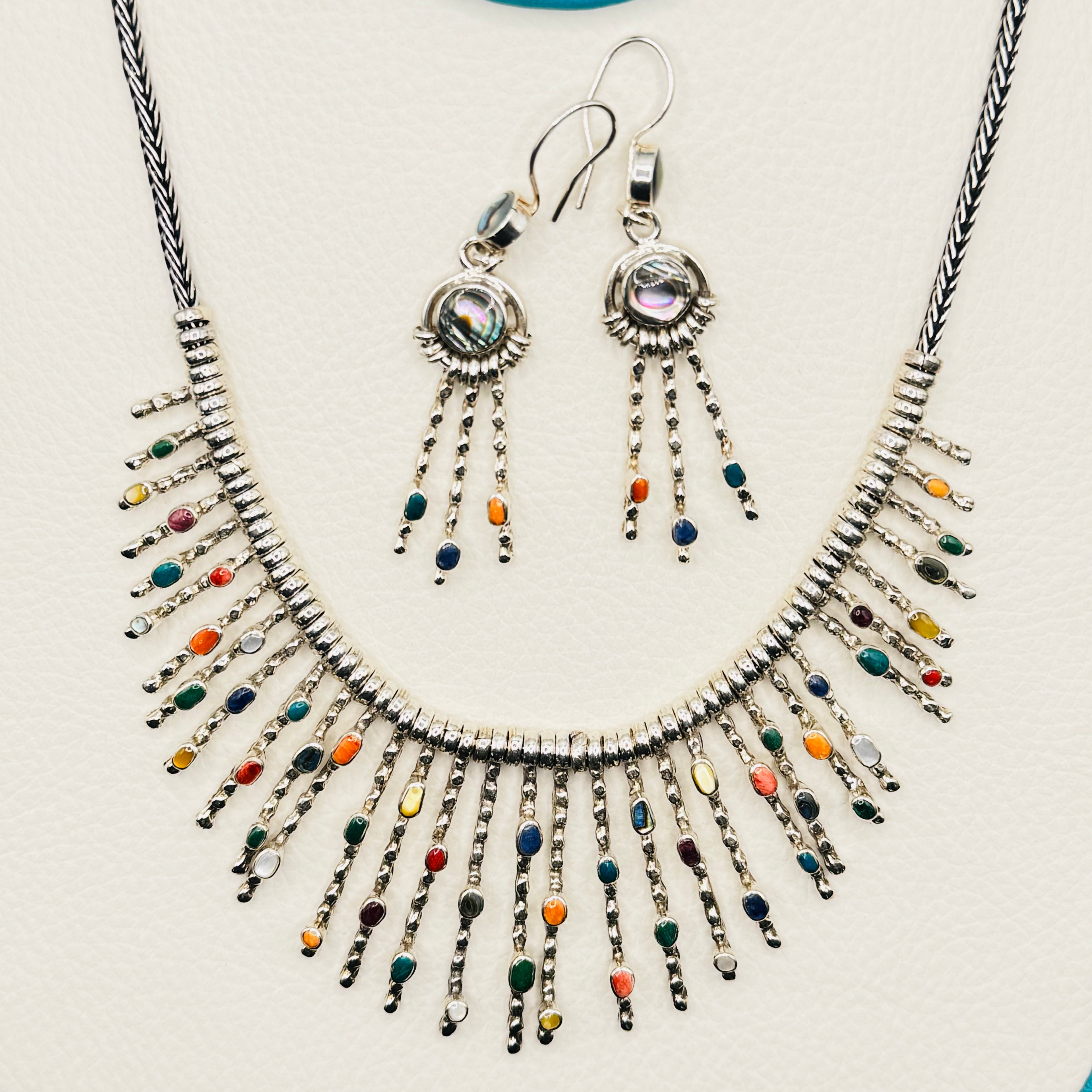 Colorful Stone Necklace & Earrings Set | Handcrafted Sterling Silver 950